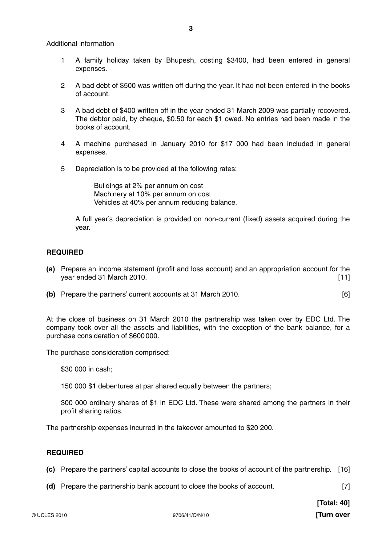 Cambridge A Level Accounting 9706 2010 Oct/Nov Paper 4 · Variant 1 question paper, page 3 of 8