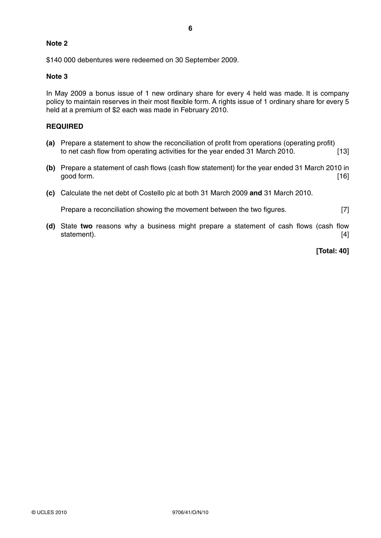 Cambridge A Level Accounting 9706 2010 Oct/Nov Paper 4 · Variant 1 question paper, page 6 of 8