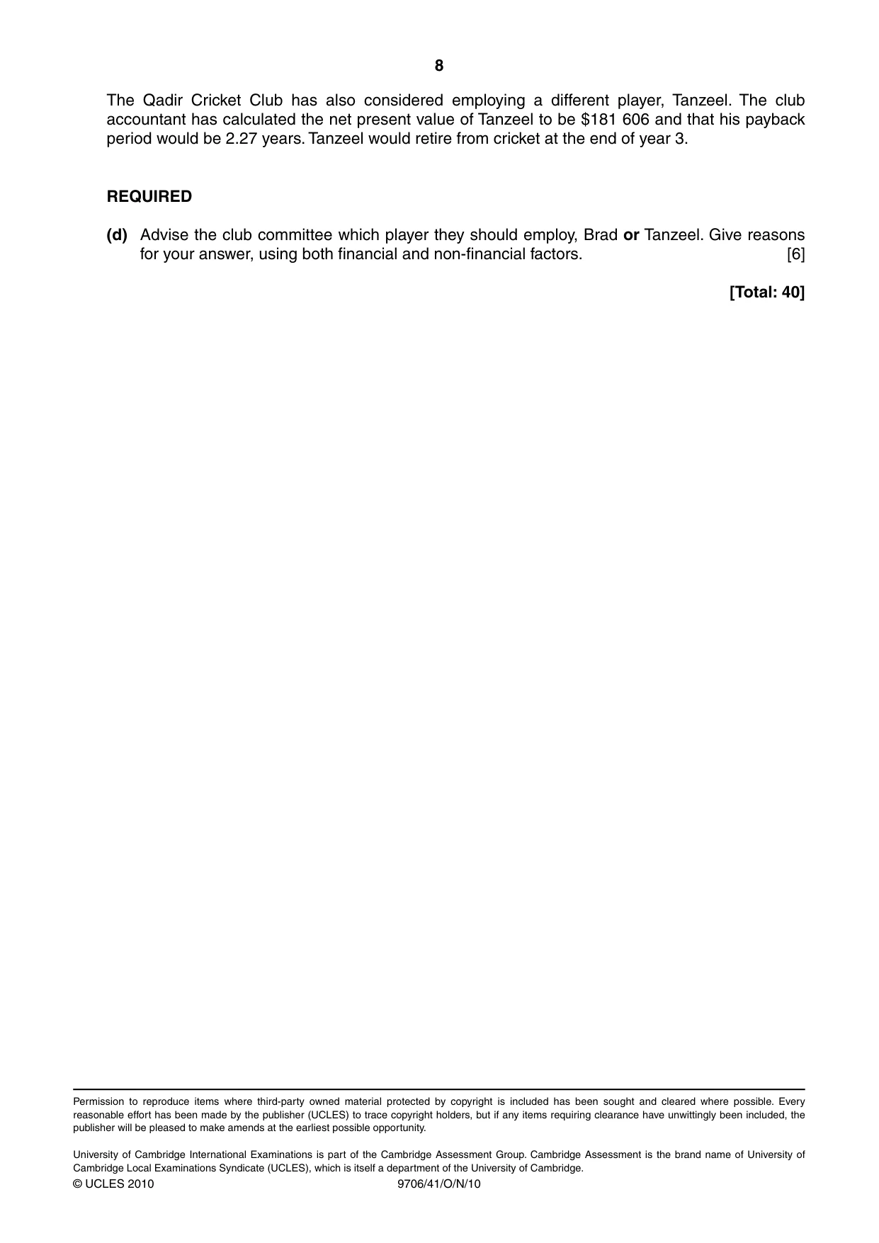 Cambridge A Level Accounting 9706 2010 Oct/Nov Paper 4 · Variant 1 question paper, page 8 of 8