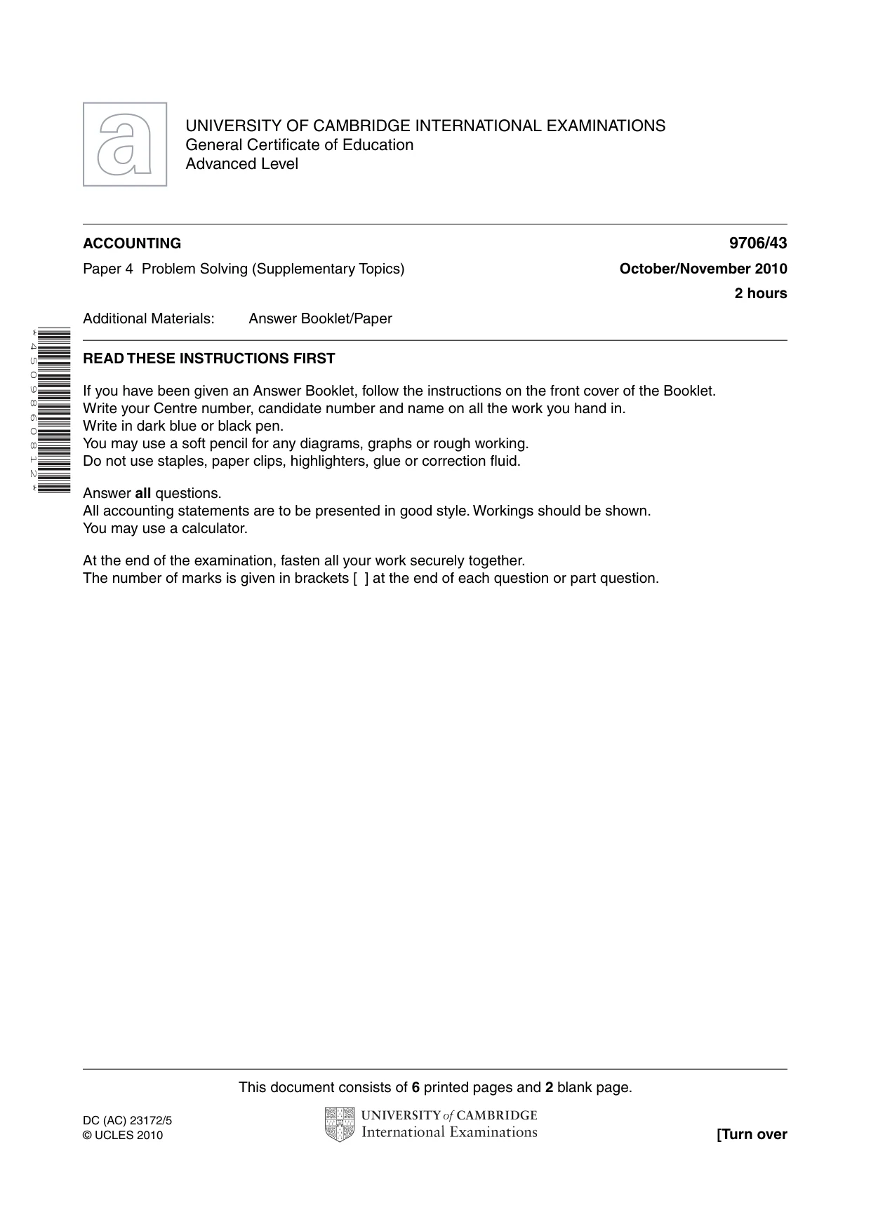 Cambridge A Level Accounting 9706 2010 Oct/Nov Paper 4 · Variant 3 question paper, page 1 of 8