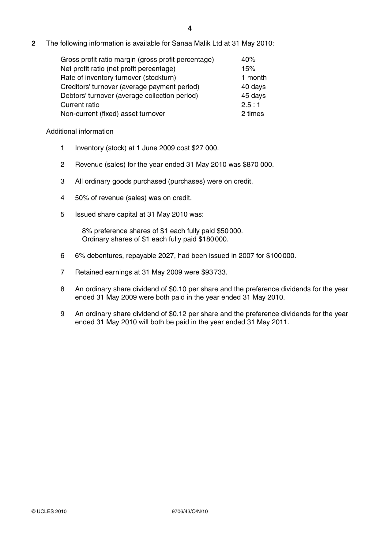Cambridge A Level Accounting 9706 2010 Oct/Nov Paper 4 · Variant 3 question paper, page 4 of 8