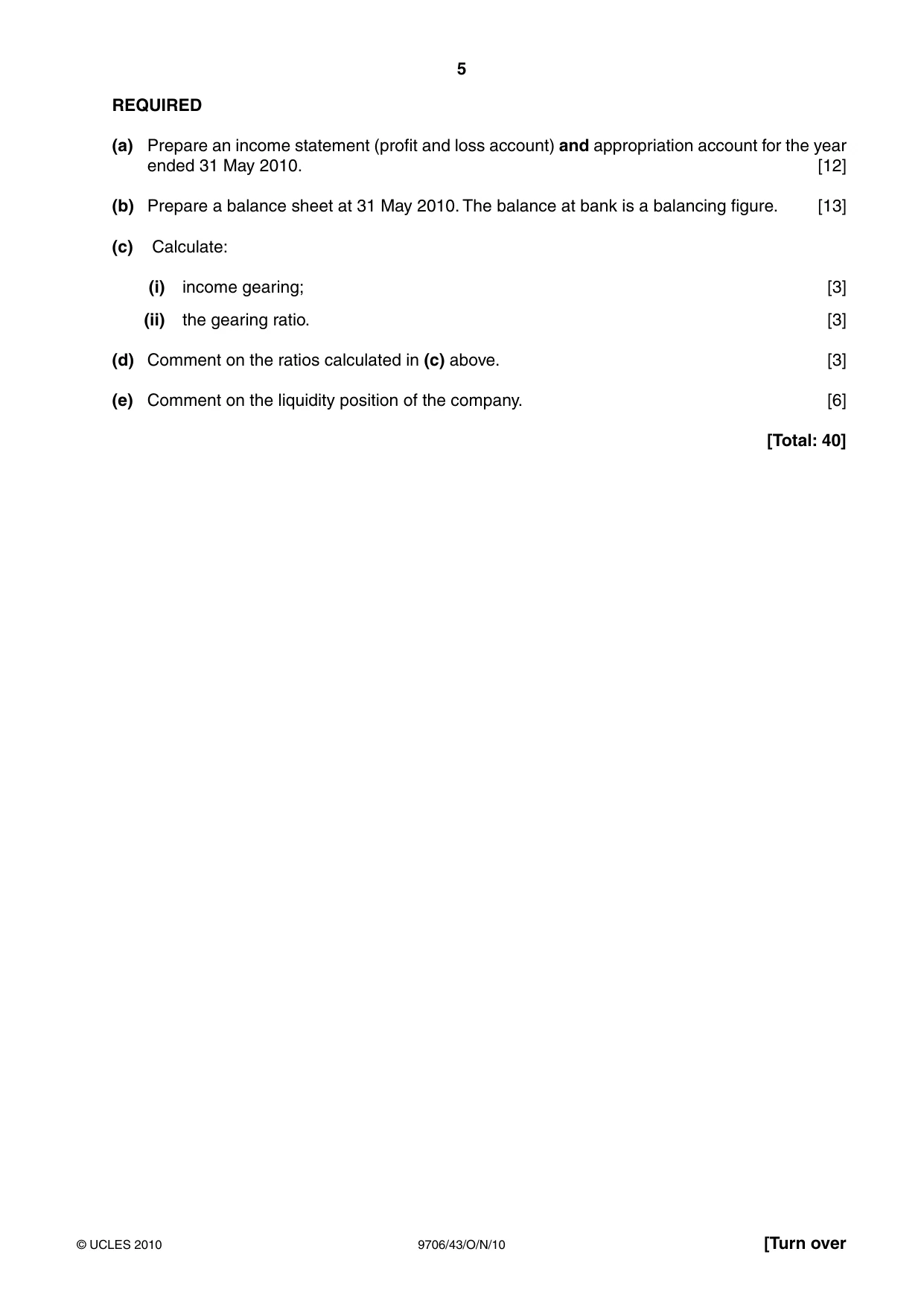 Cambridge A Level Accounting 9706 2010 Oct/Nov Paper 4 · Variant 3 question paper, page 5 of 8