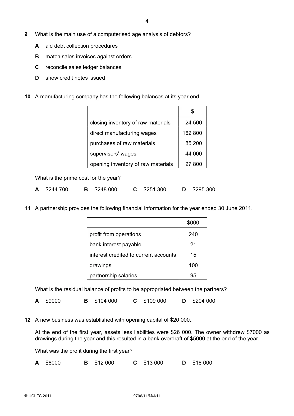 Cambridge A Level Accounting 9706 2011 May/June Paper 1 · Variant 1 question paper, page 4 of 12