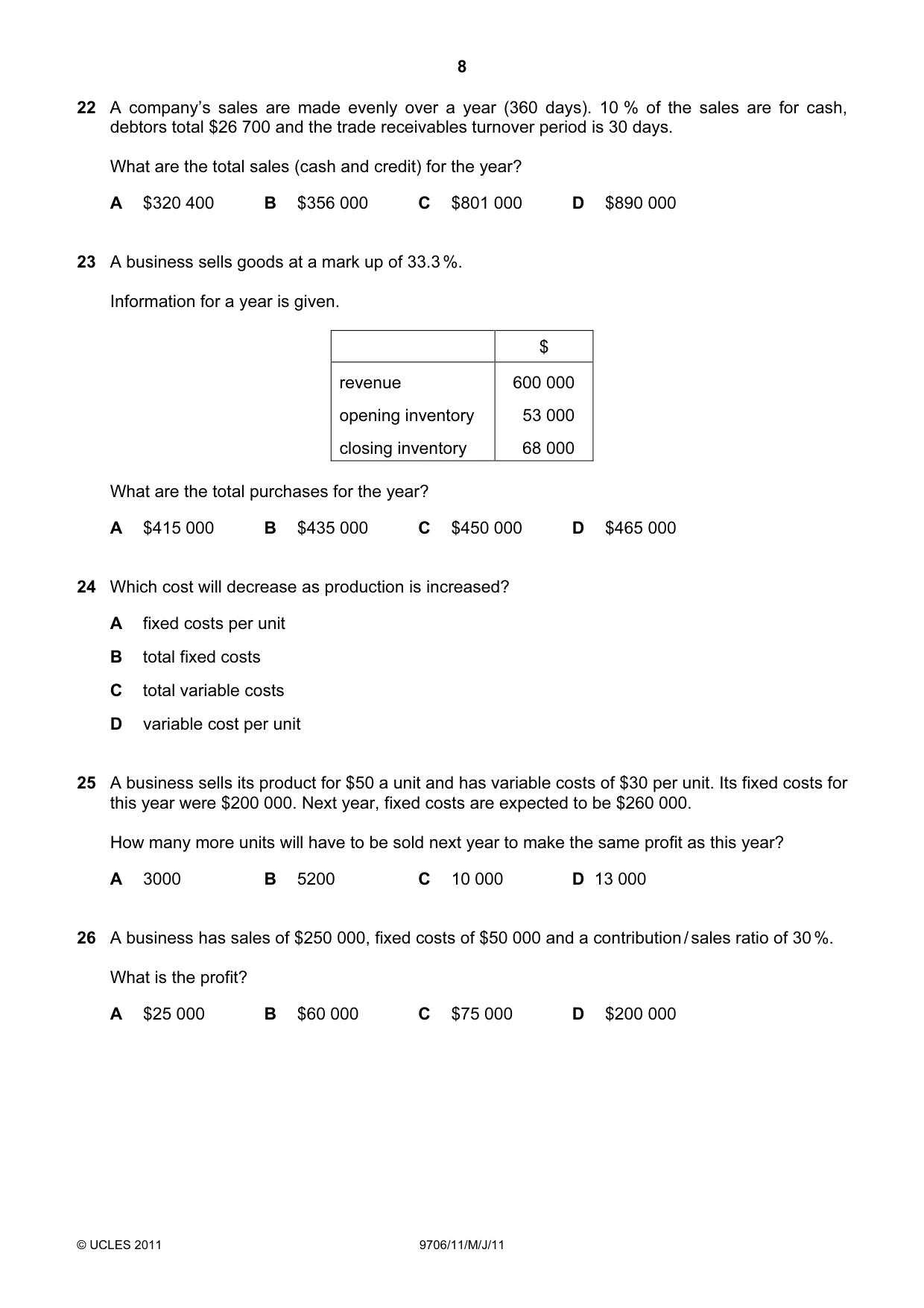 Cambridge A Level Accounting 9706 2011 May/June Paper 1 · Variant 1 question paper, page 8 of 12