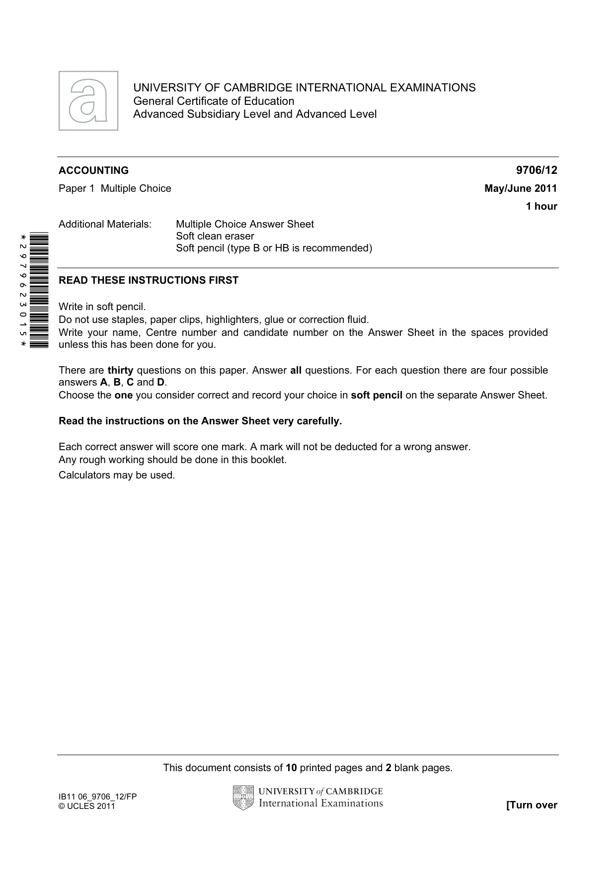 Cambridge A Level Accounting 9706 2011 May/June Paper 1 · Variant 2 question paper, page 1 of 12