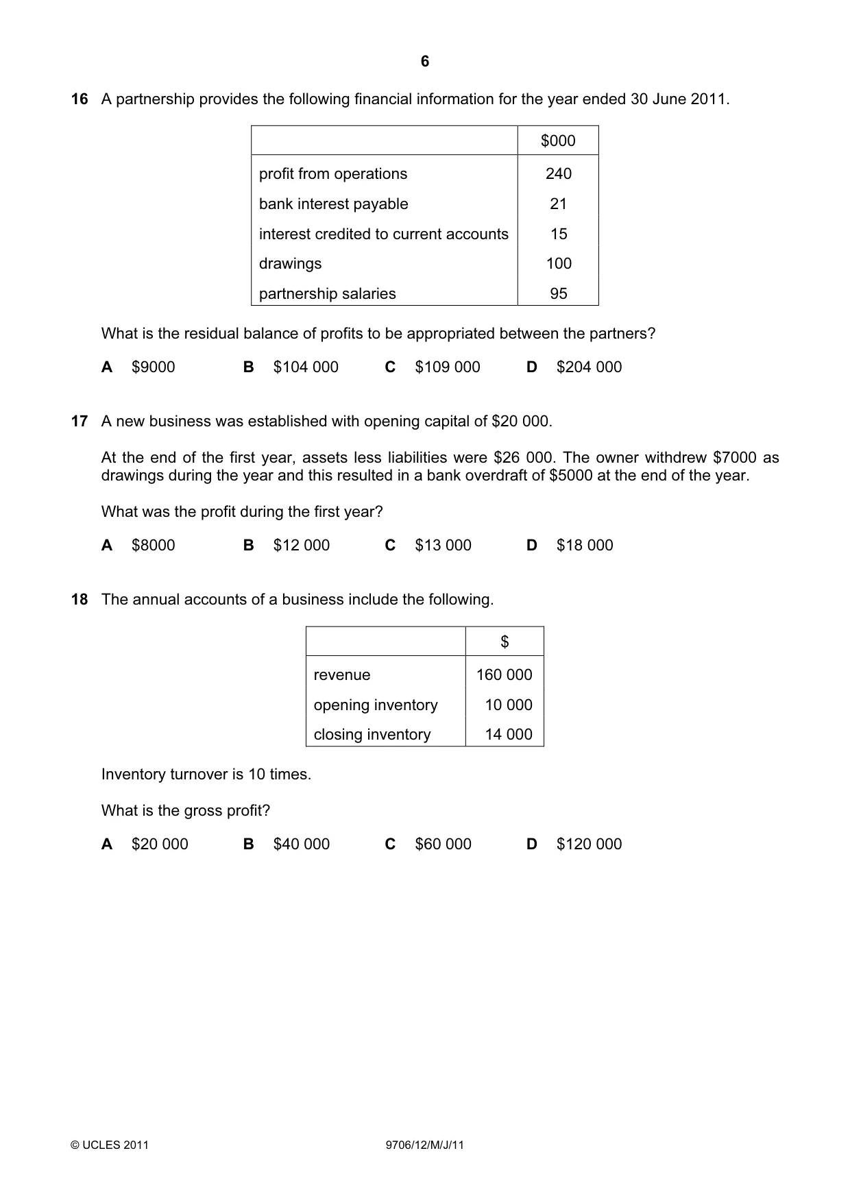 Cambridge A Level Accounting 9706 2011 May/June Paper 1 · Variant 2 question paper, page 6 of 12