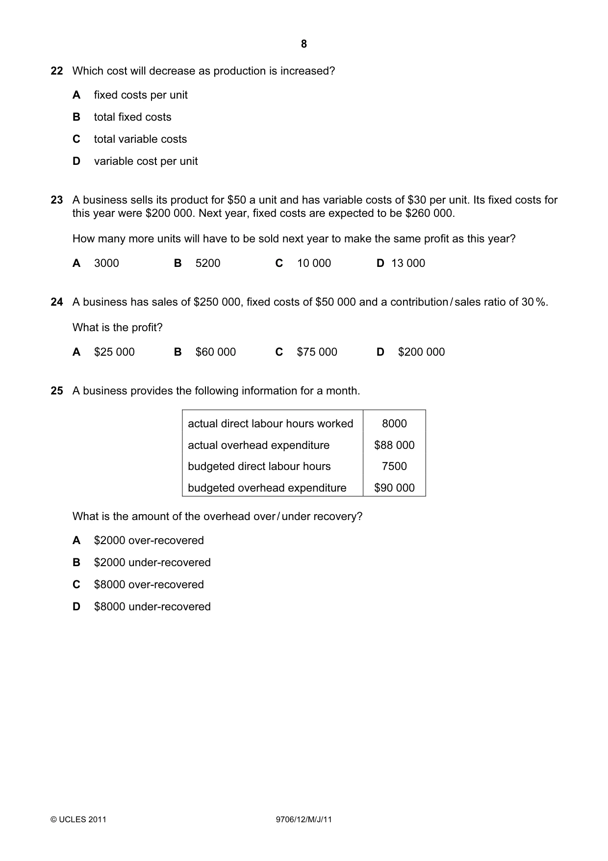 Cambridge A Level Accounting 9706 2011 May/June Paper 1 · Variant 2 question paper, page 8 of 12