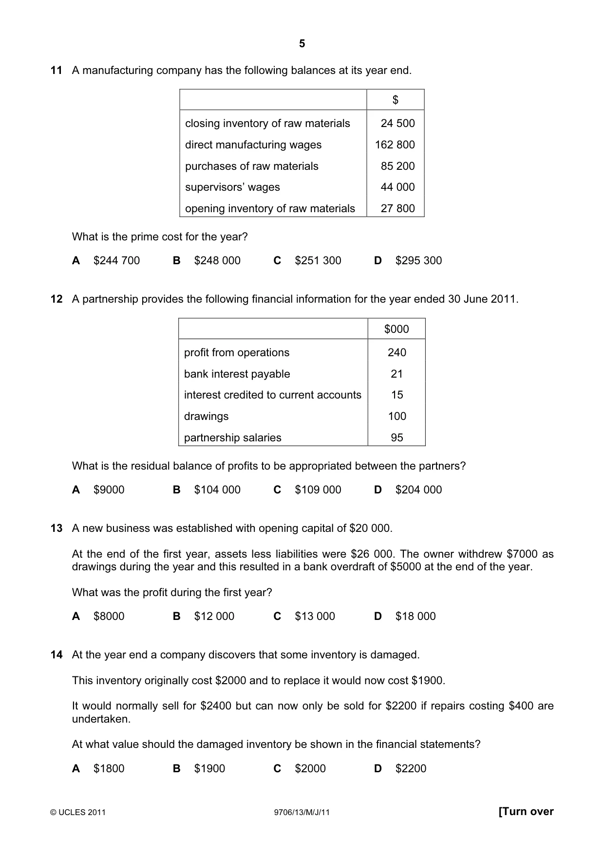 Cambridge A Level Accounting 9706 2011 May/June Paper 1 · Variant 3 question paper, page 5 of 12