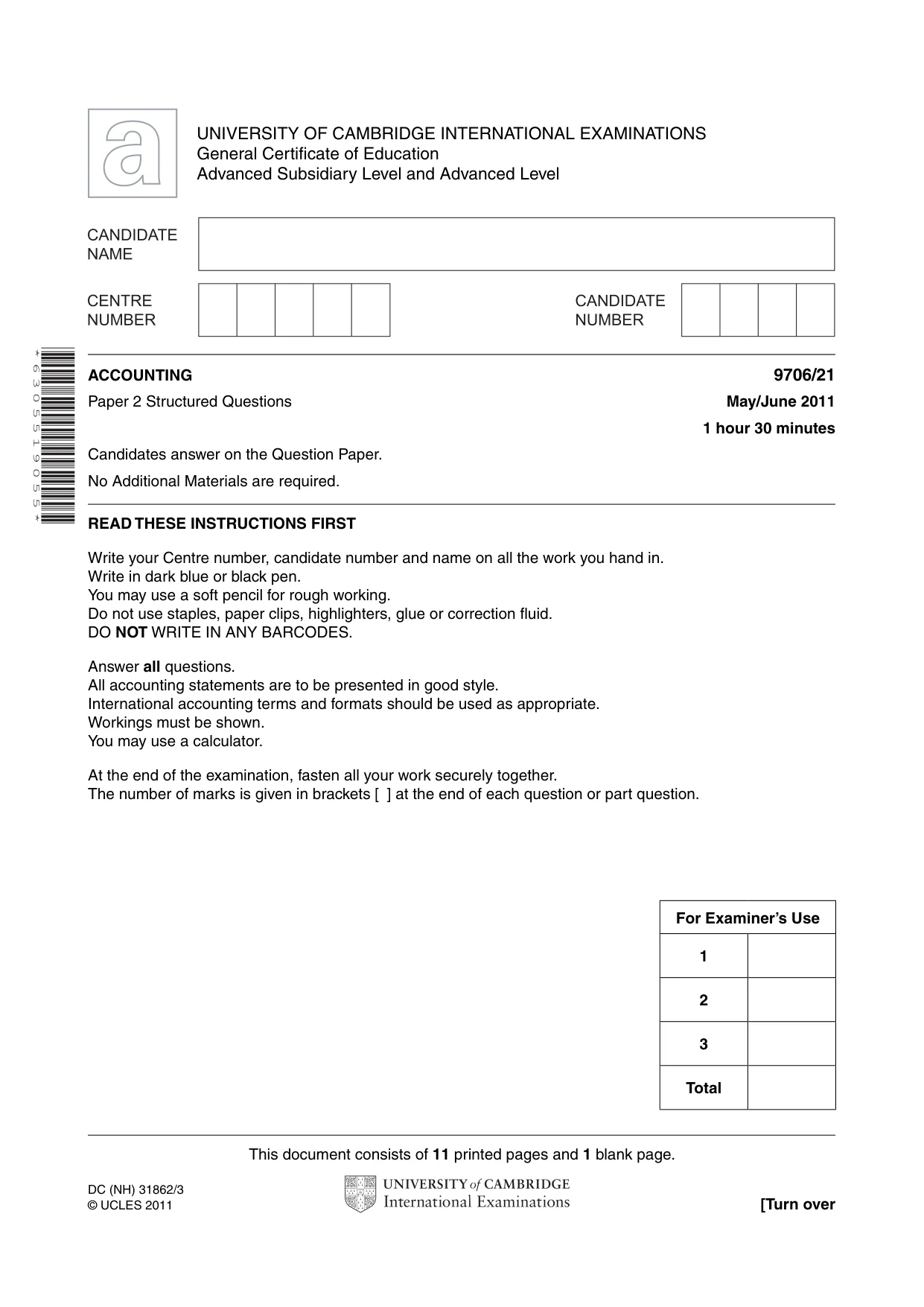 Cambridge A Level Accounting 9706 2011 May/June Paper 2 · Variant 1 question paper, page 1 of 12