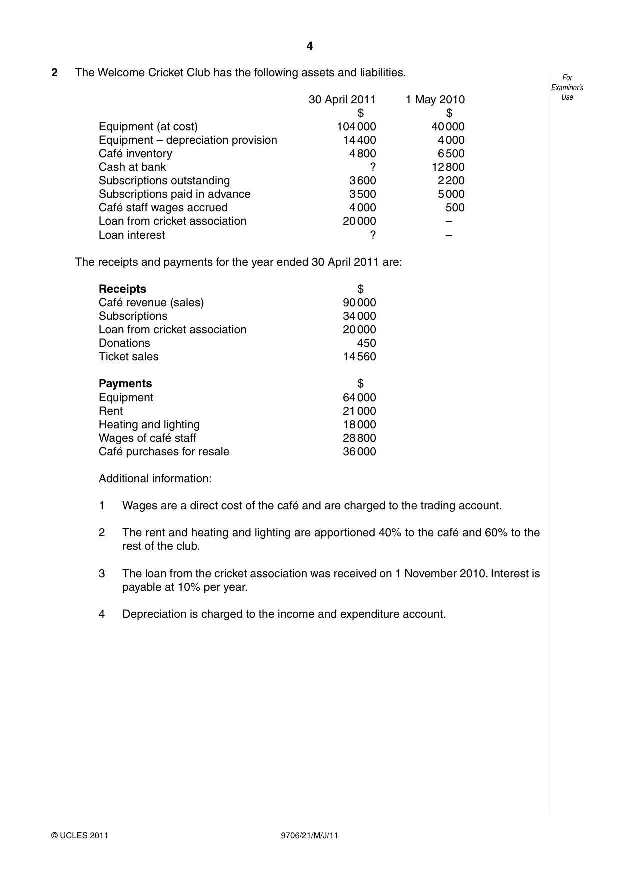 Cambridge A Level Accounting 9706 2011 May/June Paper 2 · Variant 1 question paper, page 4 of 12
