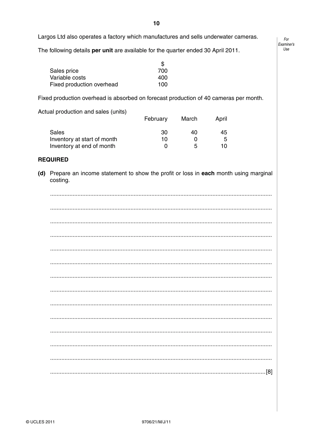 Cambridge A Level Accounting 9706 2011 May/June Paper 2 · Variant 1 question paper, page 10 of 12