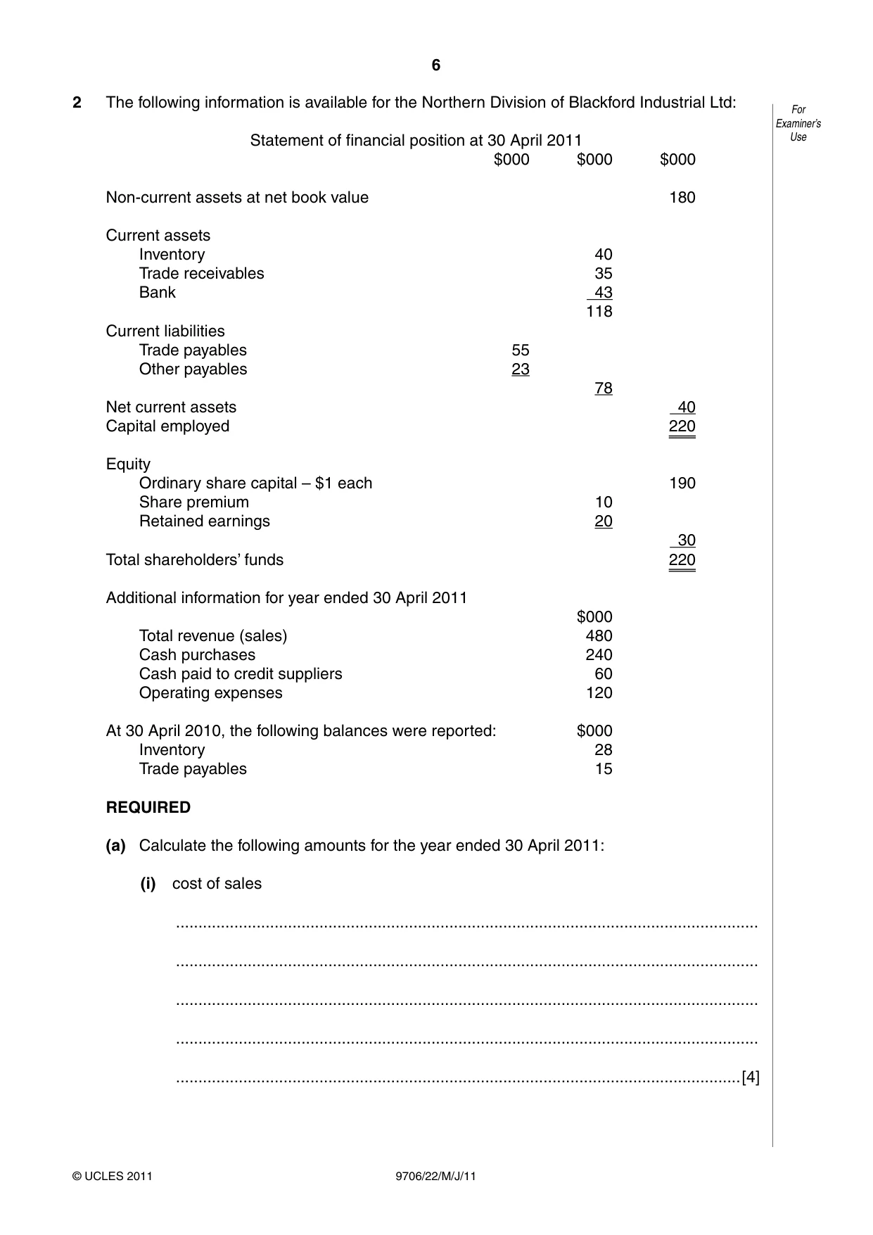 Cambridge A Level Accounting 9706 2011 May/June Paper 2 · Variant 2 question paper, page 6 of 12