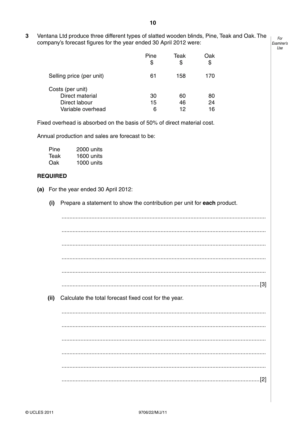 Cambridge A Level Accounting 9706 2011 May/June Paper 2 · Variant 2 question paper, page 10 of 12