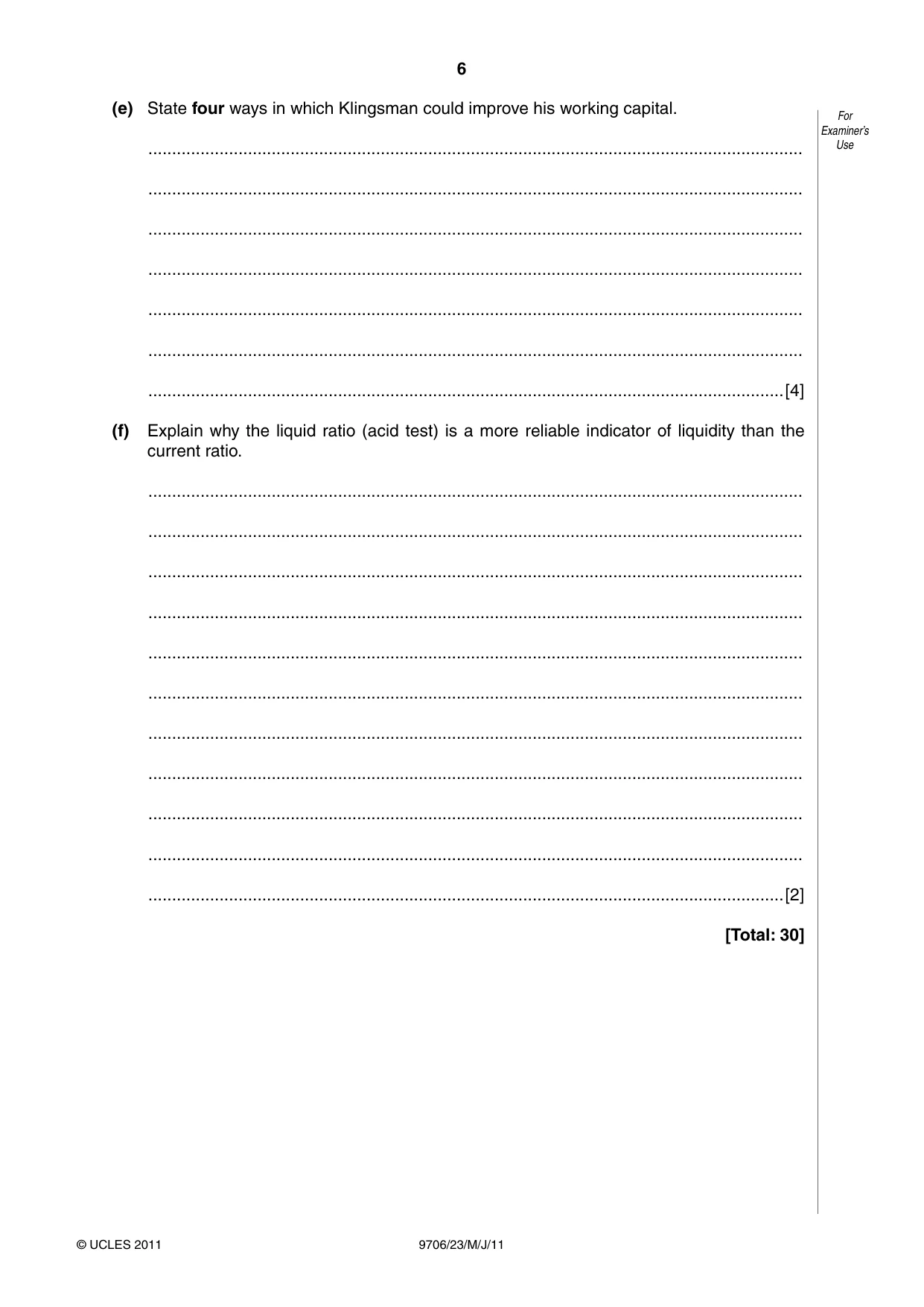 Cambridge A Level Accounting 9706 2011 May/June Paper 2 · Variant 3 question paper, page 6 of 16