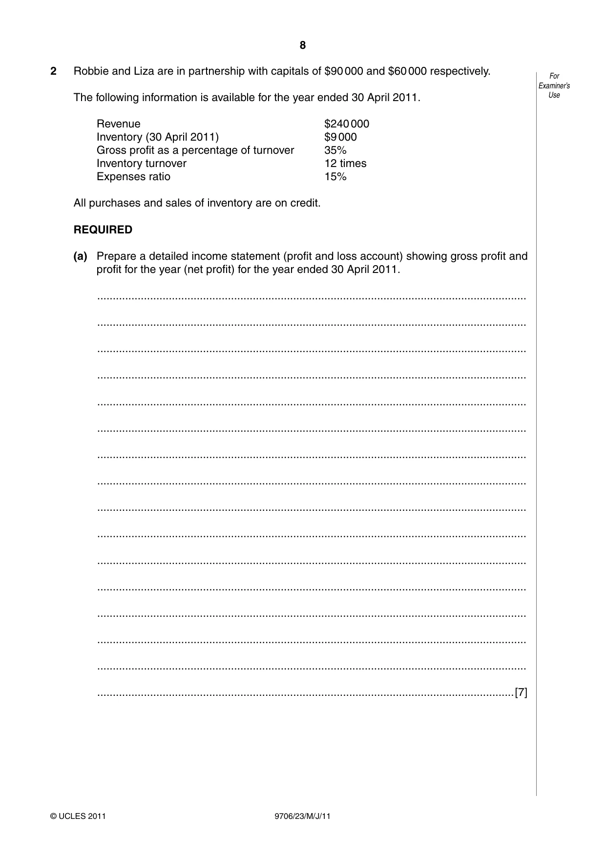 Cambridge A Level Accounting 9706 2011 May/June Paper 2 · Variant 3 question paper, page 8 of 16
