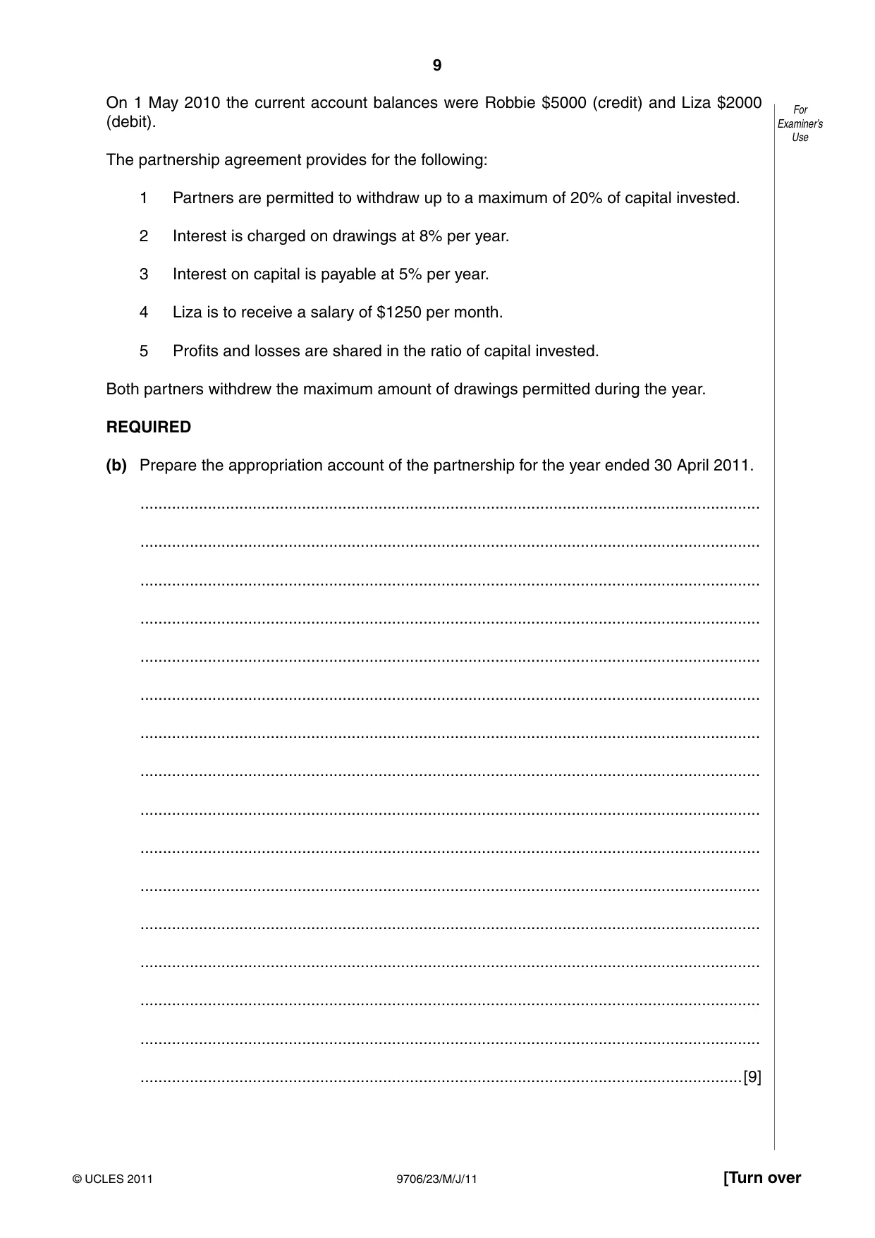 Cambridge A Level Accounting 9706 2011 May/June Paper 2 · Variant 3 question paper, page 9 of 16