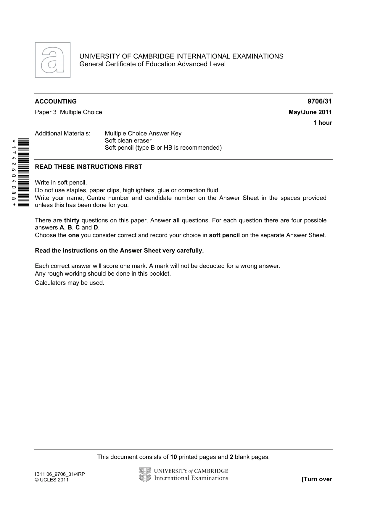 Cambridge A Level Accounting 9706 2011 May/June Paper 3 · Variant 1 question paper, page 1 of 12