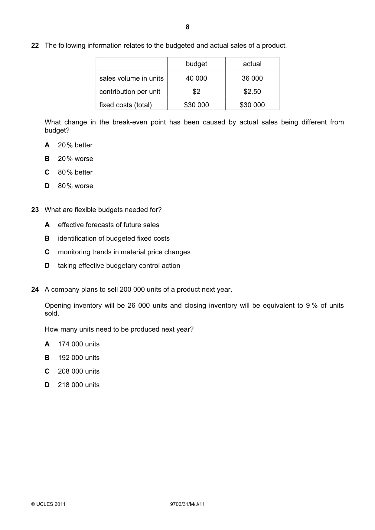 Cambridge A Level Accounting 9706 2011 May/June Paper 3 · Variant 1 question paper, page 8 of 12