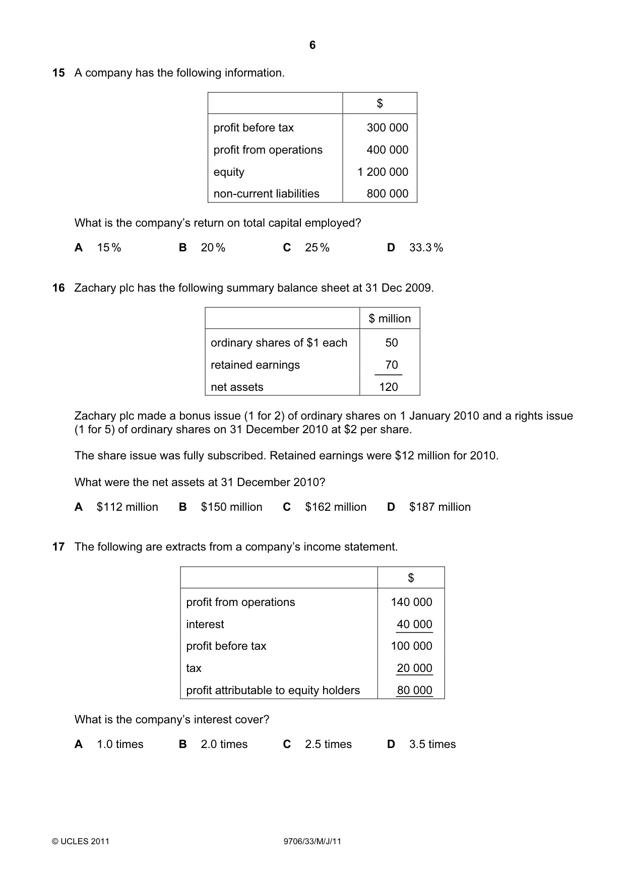 Cambridge A Level Accounting 9706 2011 May/June Paper 3 · Variant 3 question paper, page 6 of 12