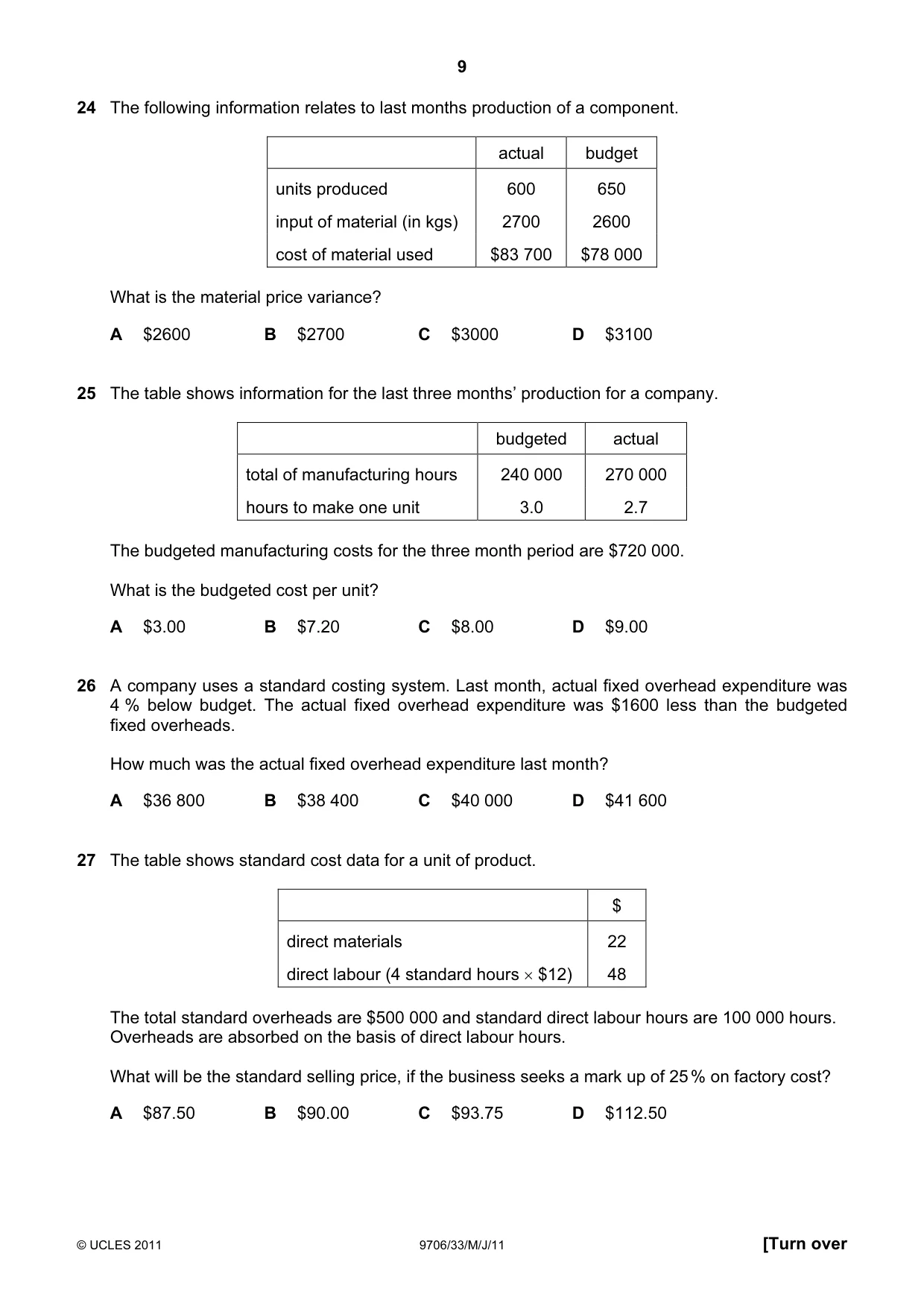 Cambridge A Level Accounting 9706 2011 May/June Paper 3 · Variant 3 question paper, page 9 of 12