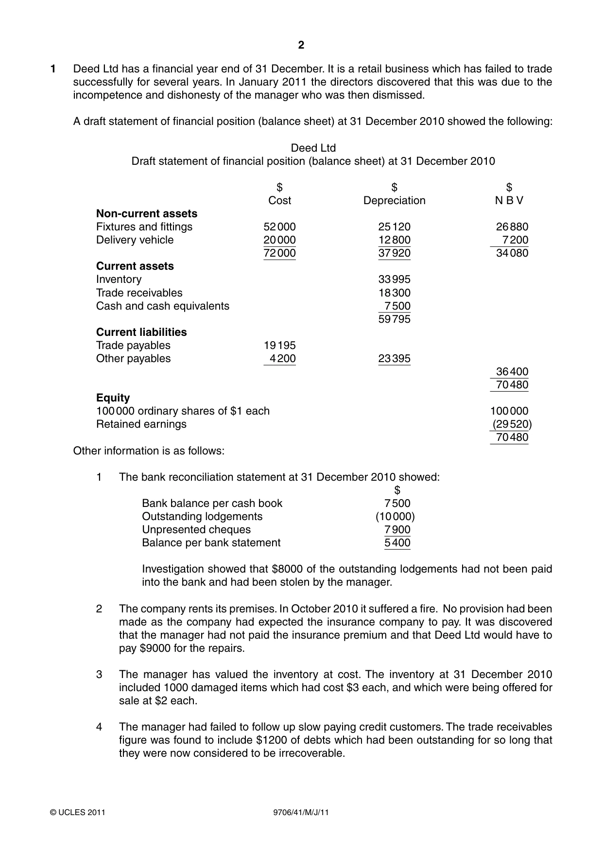 Cambridge A Level Accounting 9706 2011 May/June Paper 4 · Variant 1 question paper, page 2 of 8