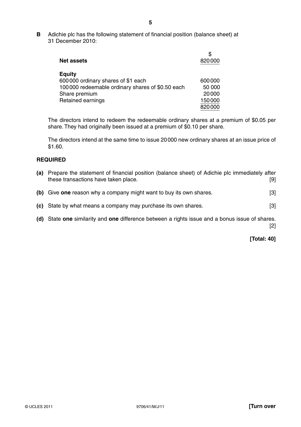 Cambridge A Level Accounting 9706 2011 May/June Paper 4 · Variant 1 question paper, page 5 of 8