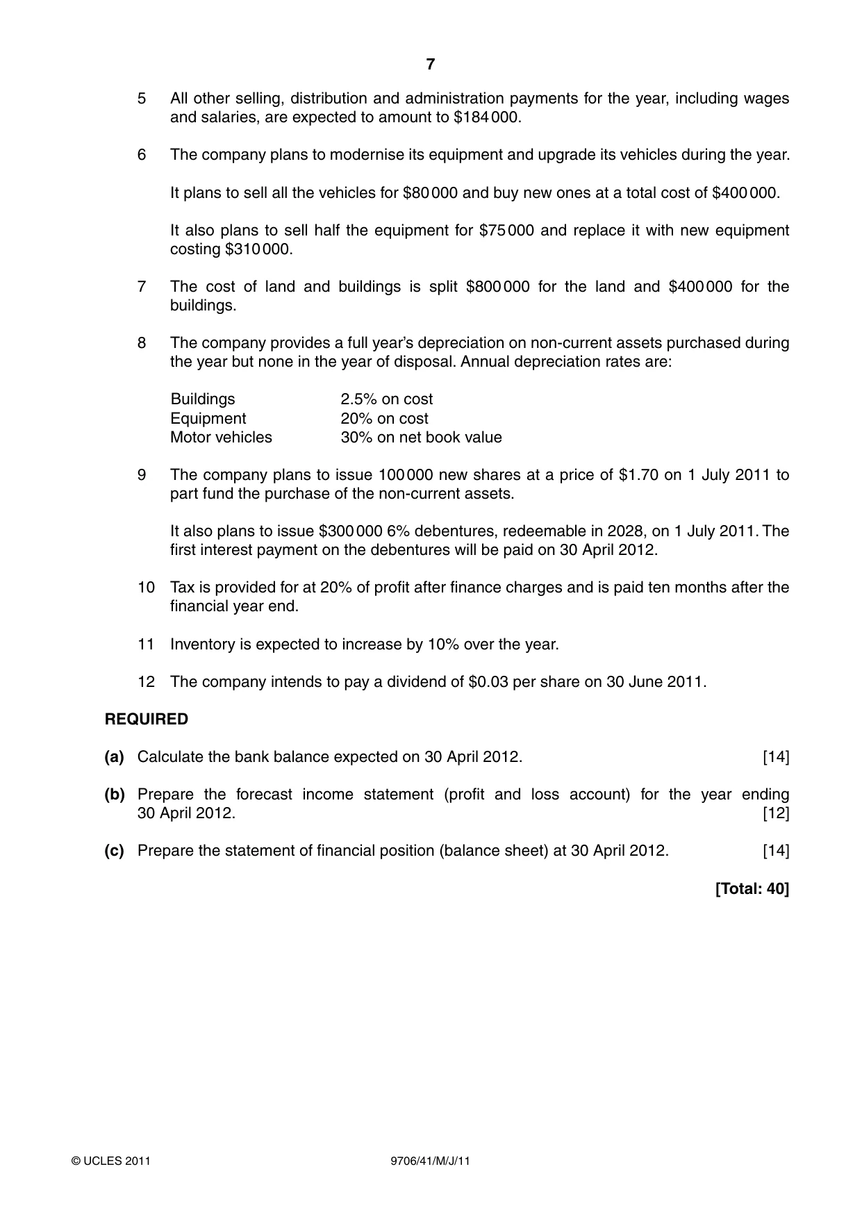 Cambridge A Level Accounting 9706 2011 May/June Paper 4 · Variant 1 question paper, page 7 of 8