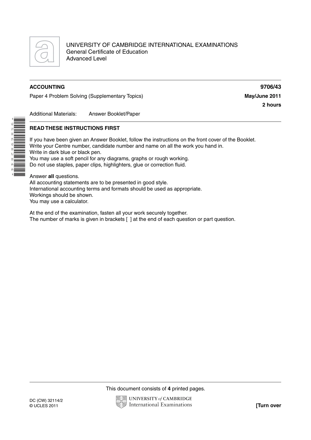 Cambridge A Level Accounting 9706 2011 May/June Paper 4 · Variant 3 question paper, page 1 of 4
