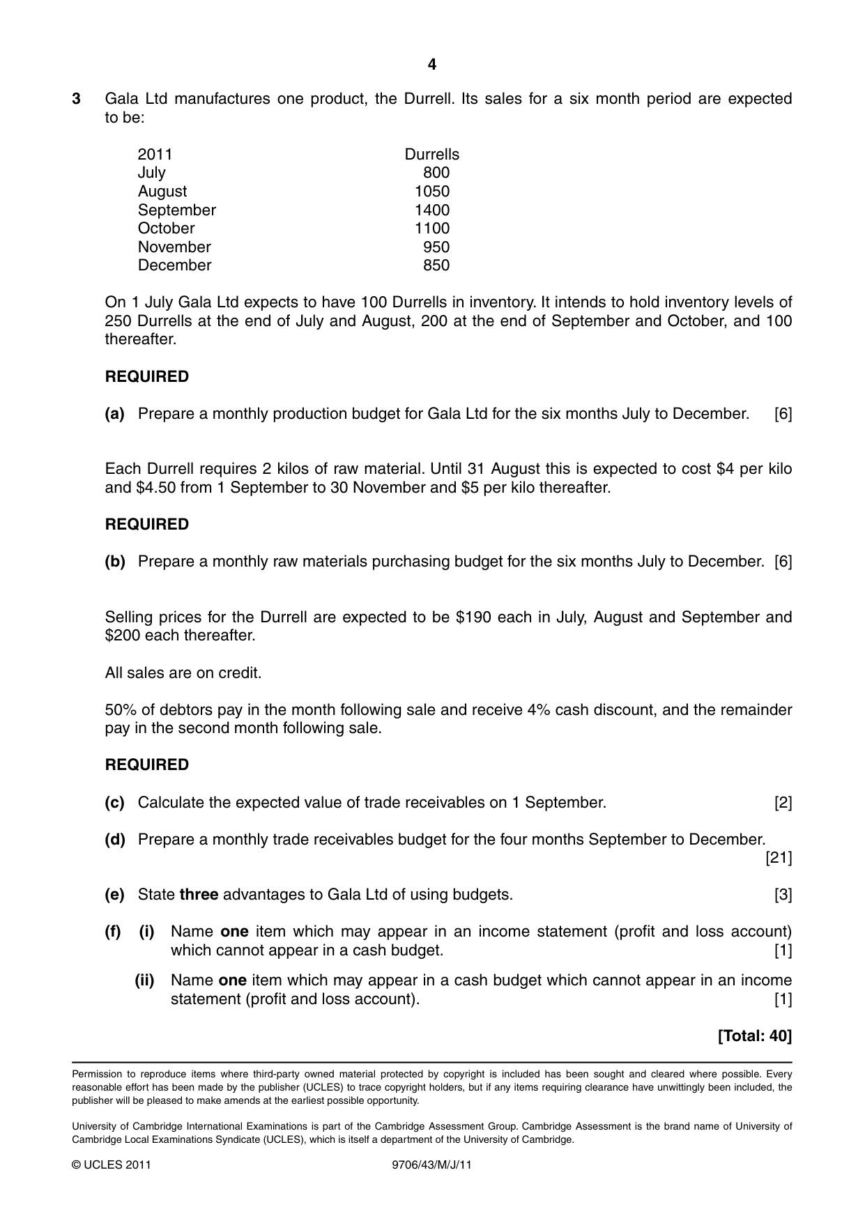 Cambridge A Level Accounting 9706 2011 May/June Paper 4 · Variant 3 question paper, page 4 of 4
