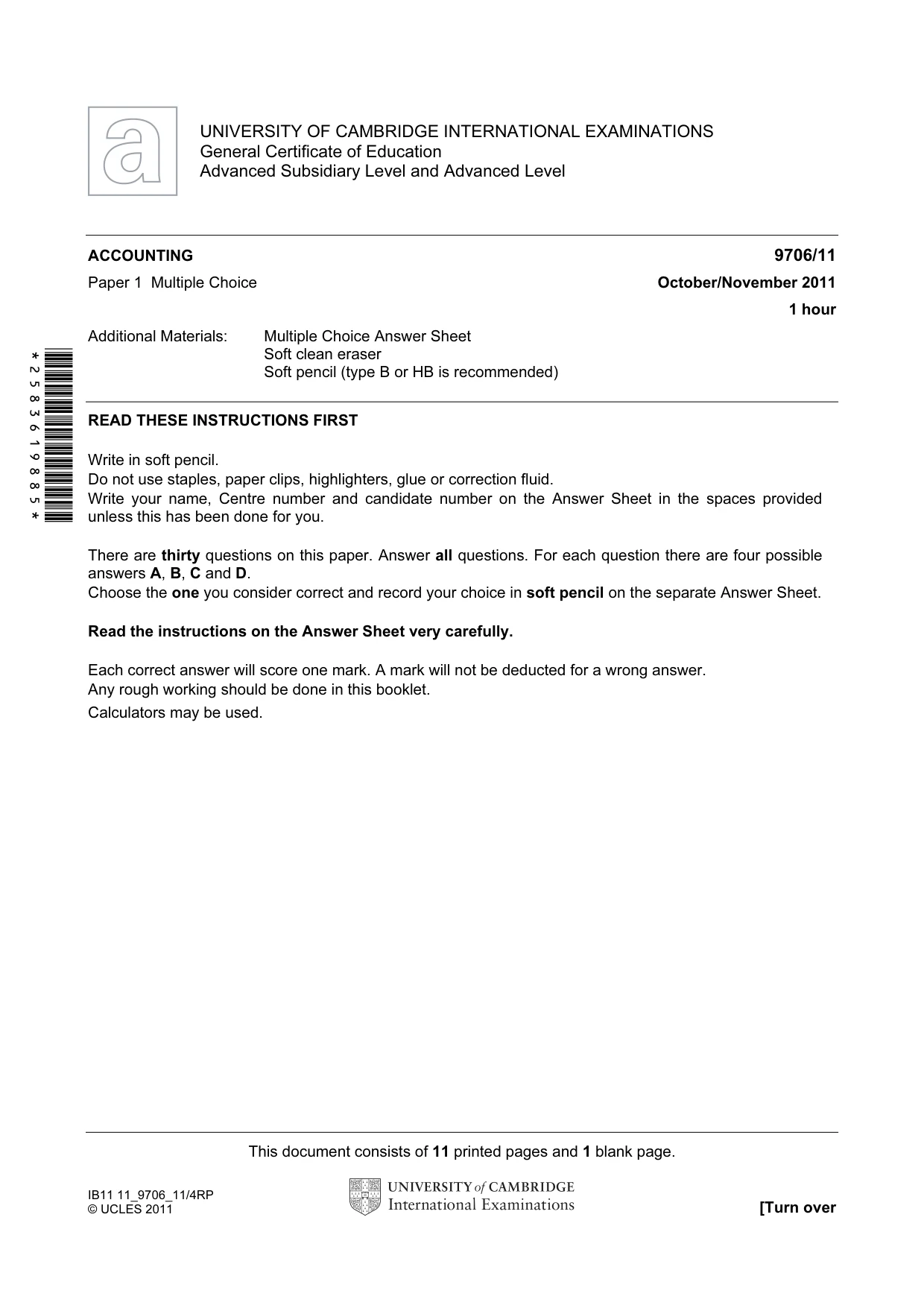Cambridge A Level Accounting 9706 2011 Oct/Nov Paper 1 · Variant 1 question paper, page 1 of 12