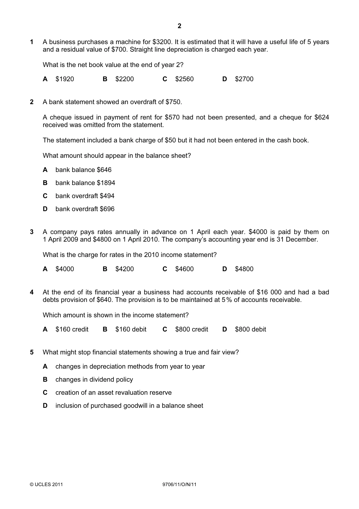 Cambridge A Level Accounting 9706 2011 Oct/Nov Paper 1 · Variant 1 question paper, page 2 of 12