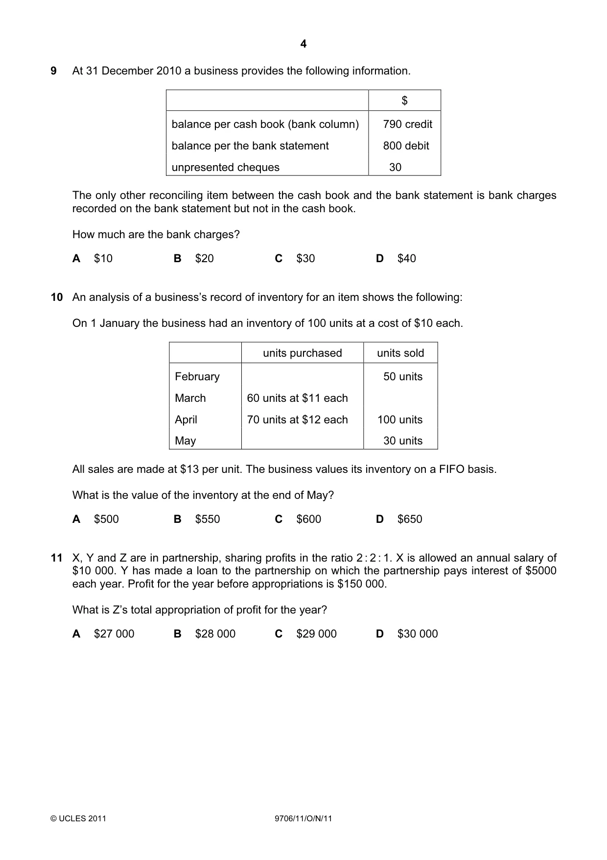 Cambridge A Level Accounting 9706 2011 Oct/Nov Paper 1 · Variant 1 question paper, page 4 of 12