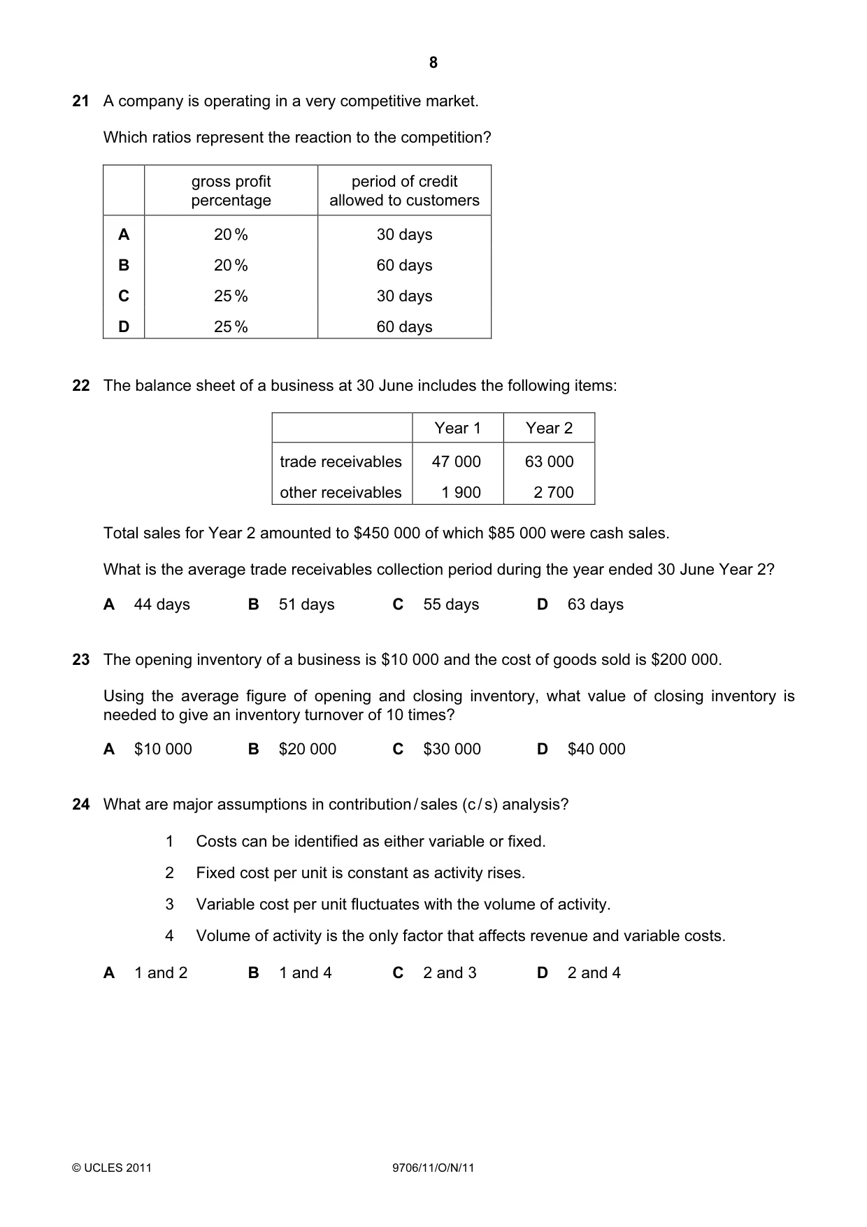 Cambridge A Level Accounting 9706 2011 Oct/Nov Paper 1 · Variant 1 question paper, page 8 of 12