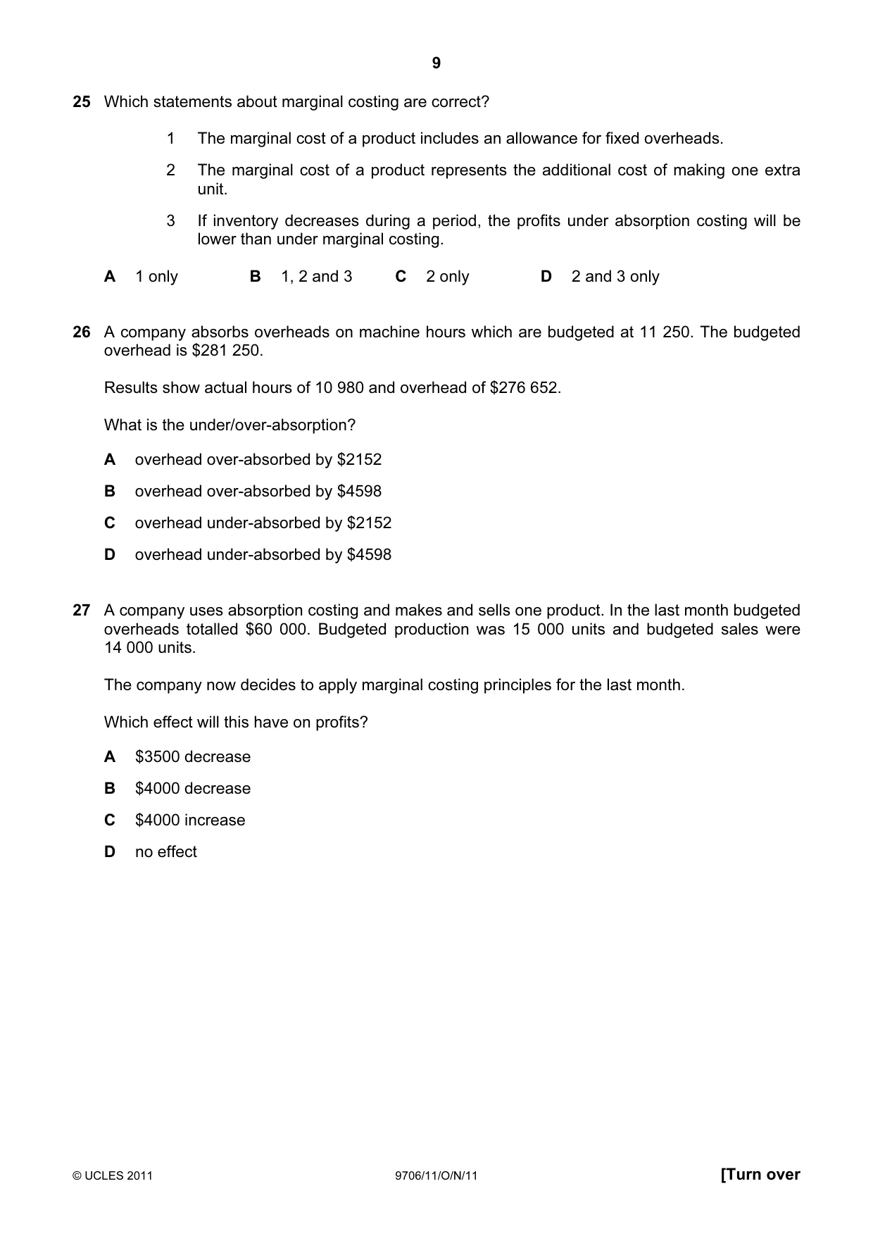 Cambridge A Level Accounting 9706 2011 Oct/Nov Paper 1 · Variant 1 question paper, page 9 of 12