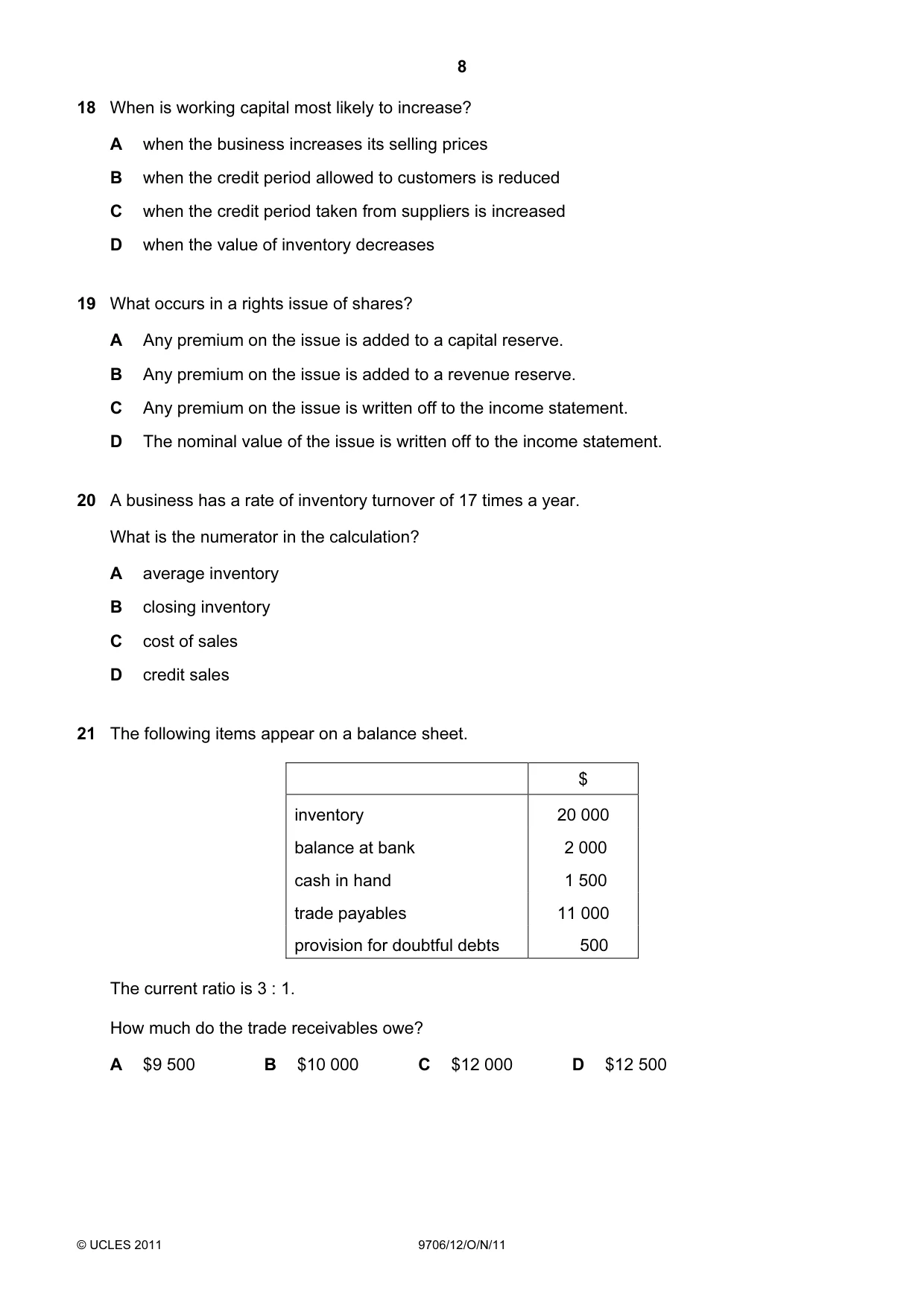 Cambridge A Level Accounting 9706 2011 Oct/Nov Paper 1 · Variant 2 question paper, page 8 of 12