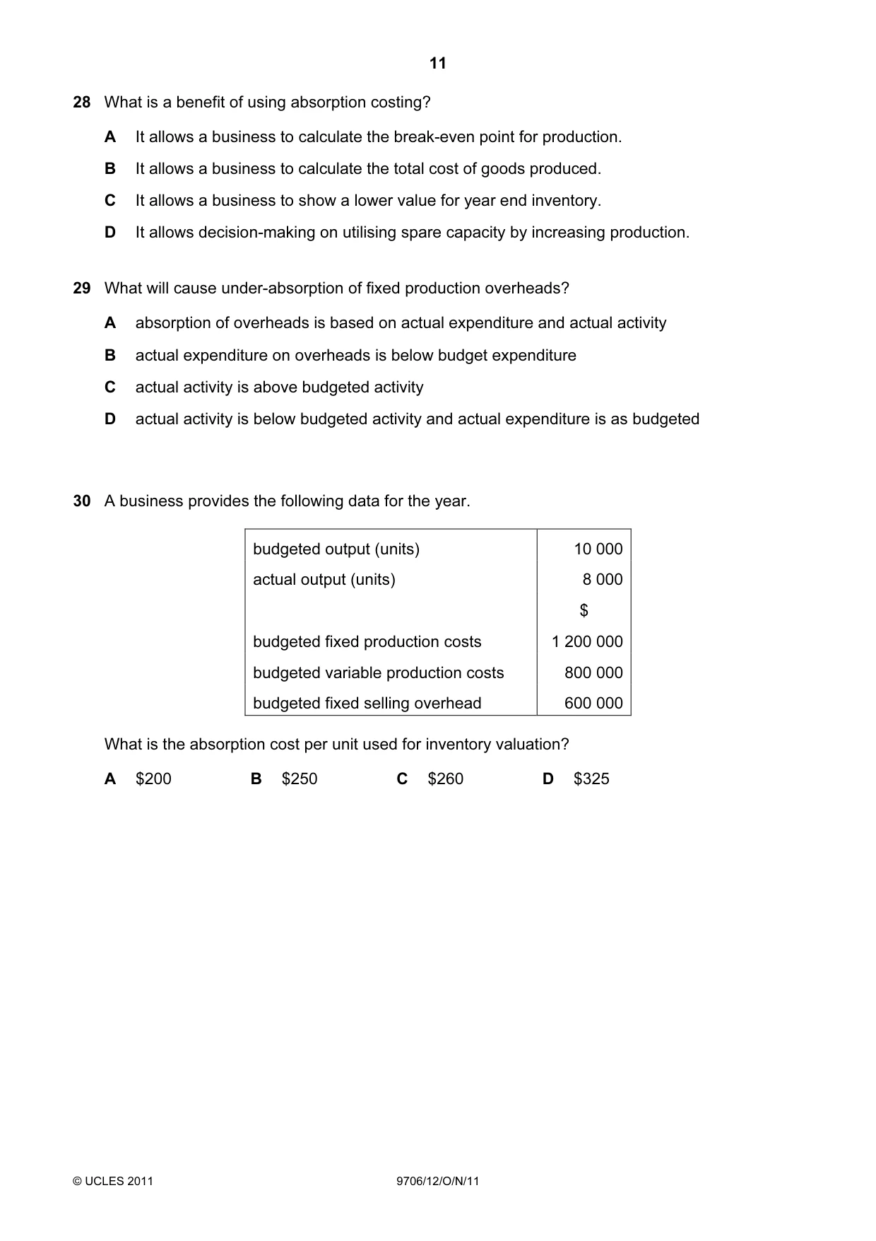 Cambridge A Level Accounting 9706 2011 Oct/Nov Paper 1 · Variant 2 question paper, page 11 of 12