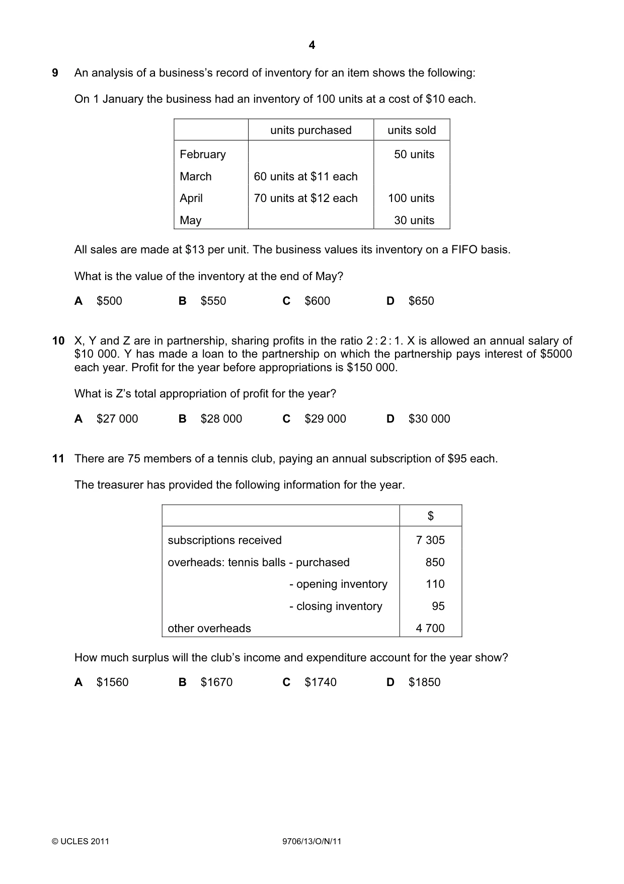 Cambridge A Level Accounting 9706 2011 Oct/Nov Paper 1 · Variant 3 question paper, page 4 of 12