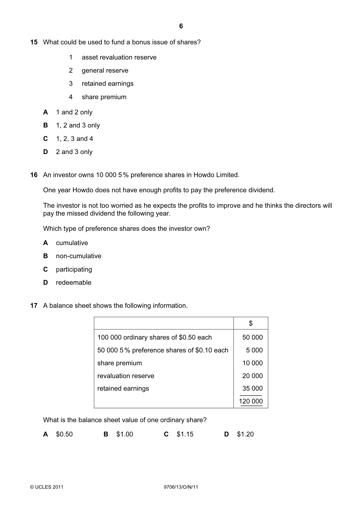 Cambridge A Level Accounting 9706 2011 Oct/Nov Paper 1 · Variant 3 question paper, page 6 of 12