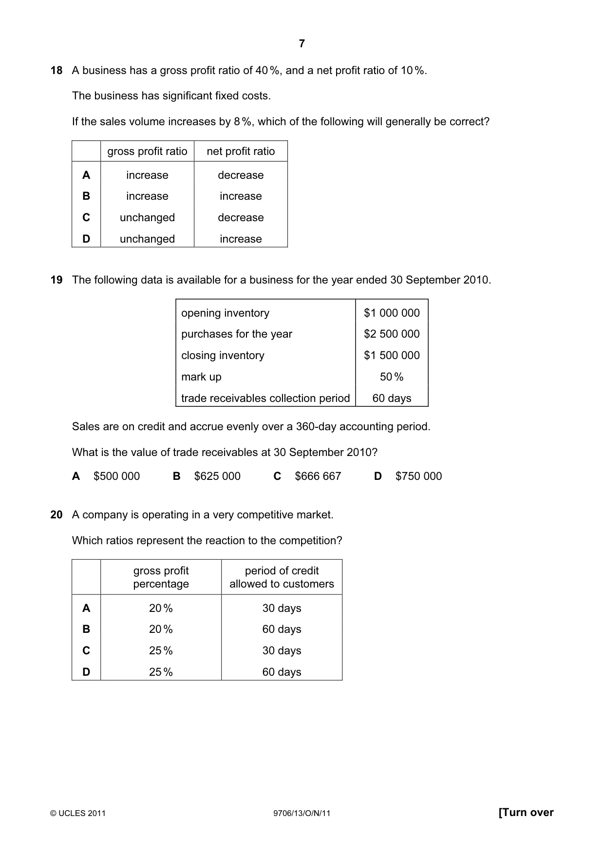 Cambridge A Level Accounting 9706 2011 Oct/Nov Paper 1 · Variant 3 question paper, page 7 of 12
