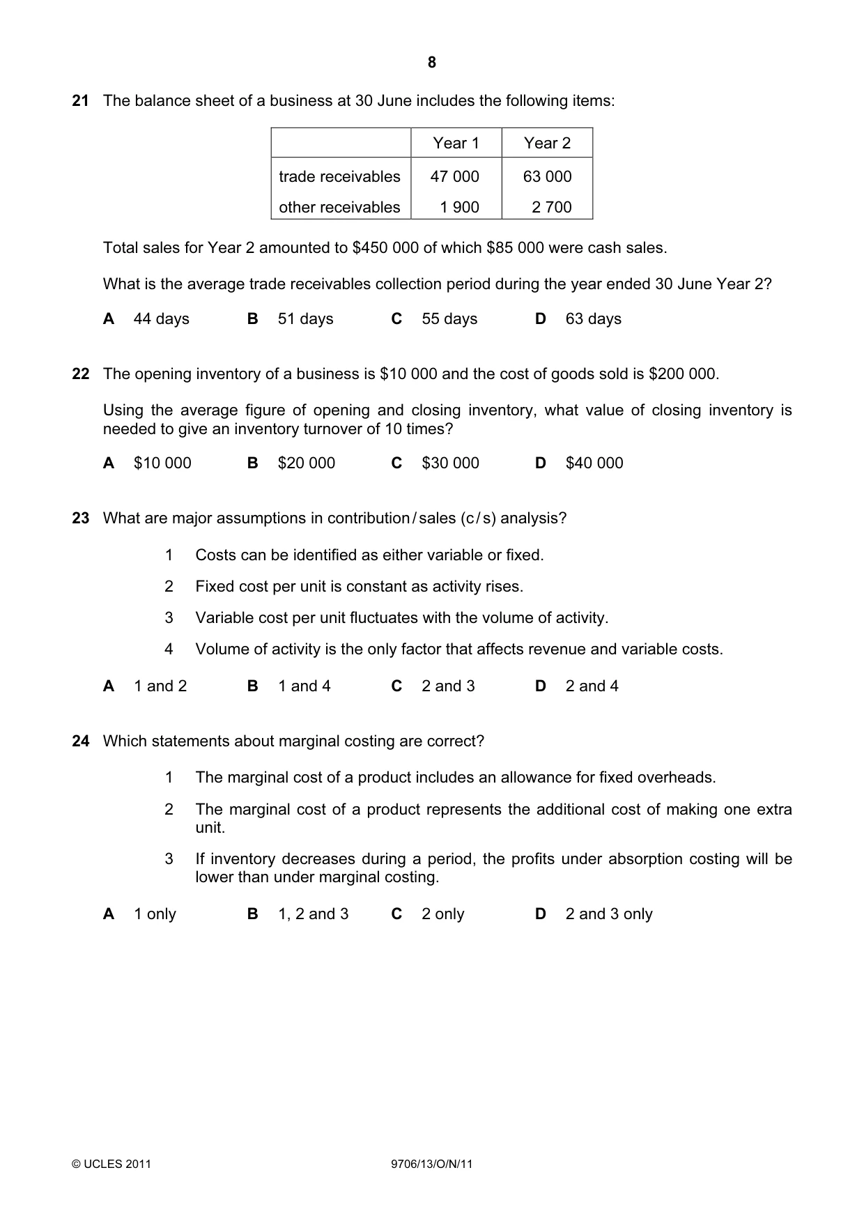 Cambridge A Level Accounting 9706 2011 Oct/Nov Paper 1 · Variant 3 question paper, page 8 of 12