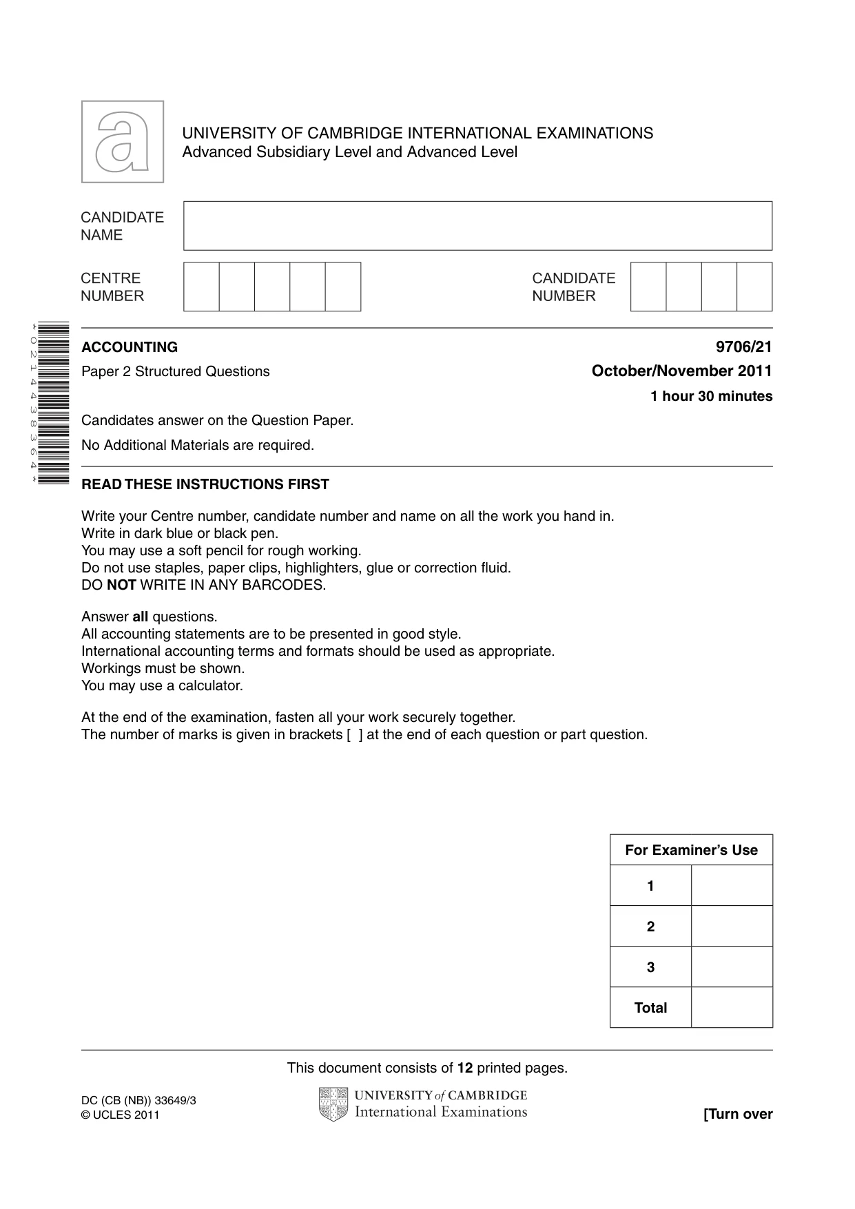 Cambridge A Level Accounting 9706 2011 Oct/Nov Paper 2 · Variant 1 question paper, page 1 of 12