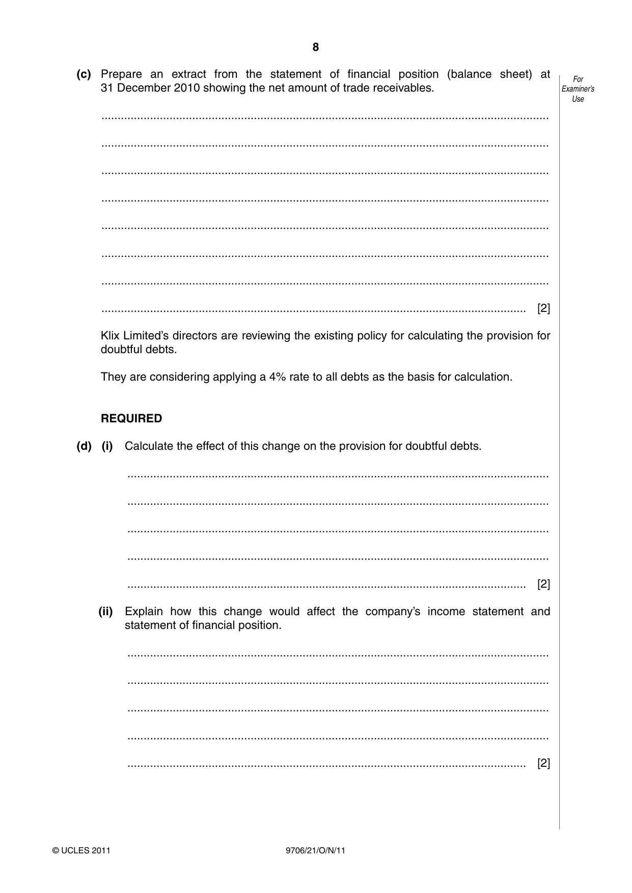 Cambridge A Level Accounting 9706 2011 Oct/Nov Paper 2 · Variant 1 question paper, page 8 of 12