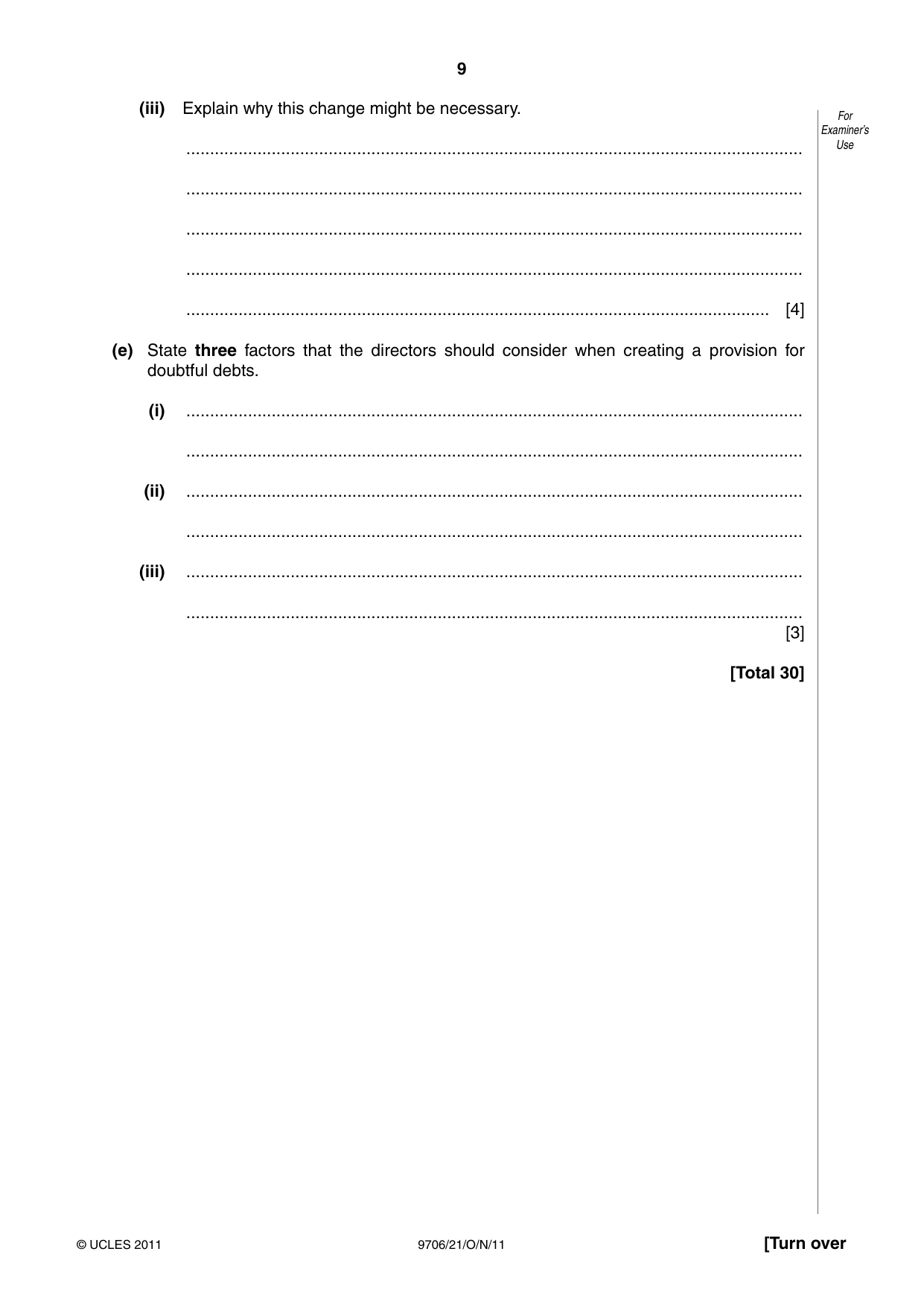 Cambridge A Level Accounting 9706 2011 Oct/Nov Paper 2 · Variant 1 question paper, page 9 of 12