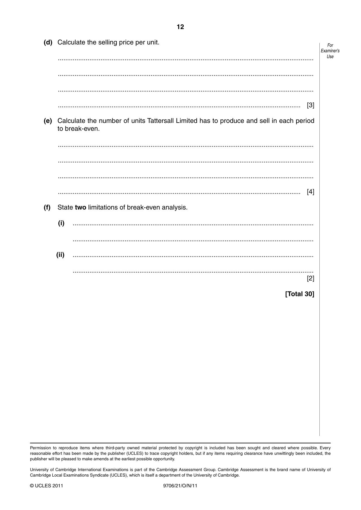 Cambridge A Level Accounting 9706 2011 Oct/Nov Paper 2 · Variant 1 question paper, page 12 of 12