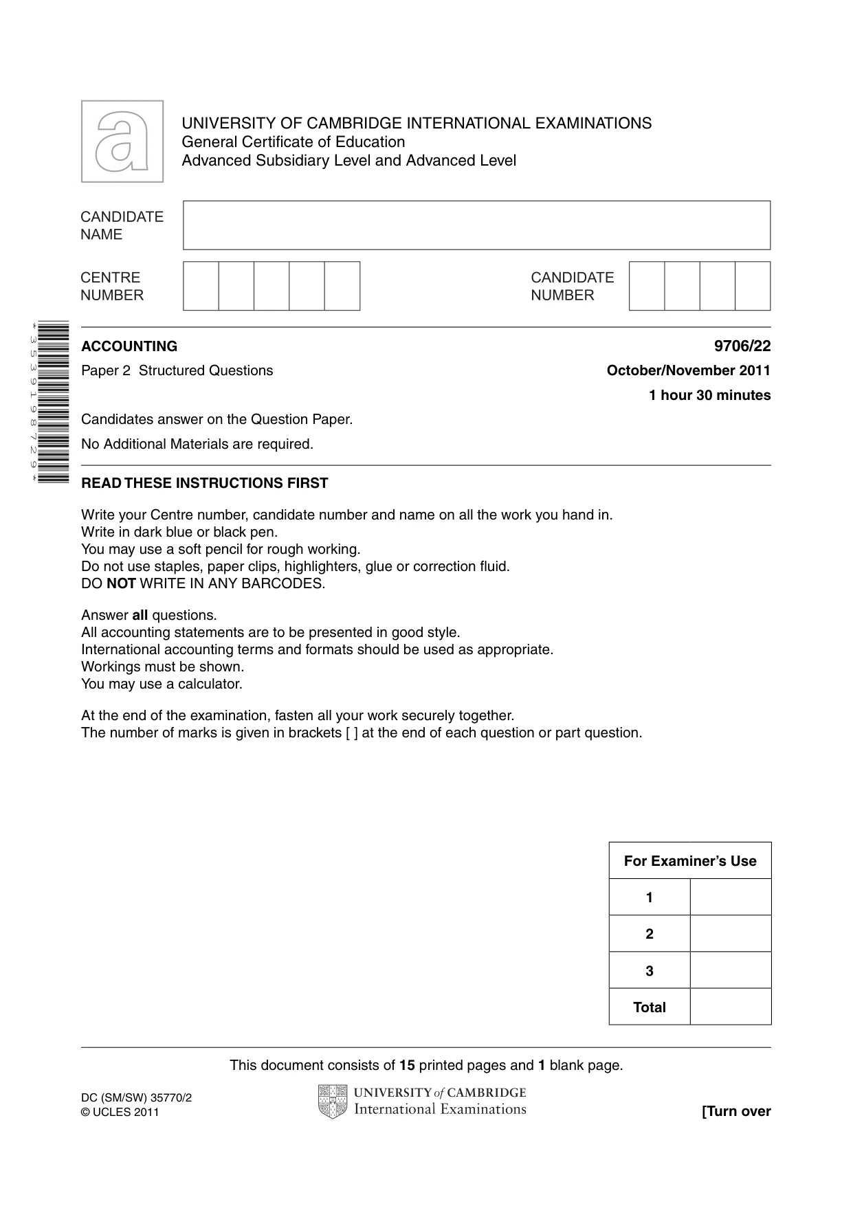 Cambridge A Level Accounting 9706 2011 Oct/Nov Paper 2 · Variant 2 question paper, page 1 of 16