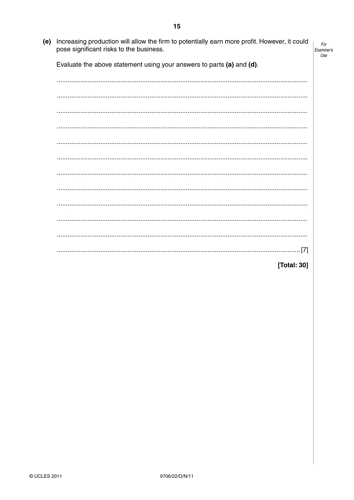 Cambridge A Level Accounting 9706 2011 Oct/Nov Paper 2 · Variant 2 question paper, page 15 of 16
