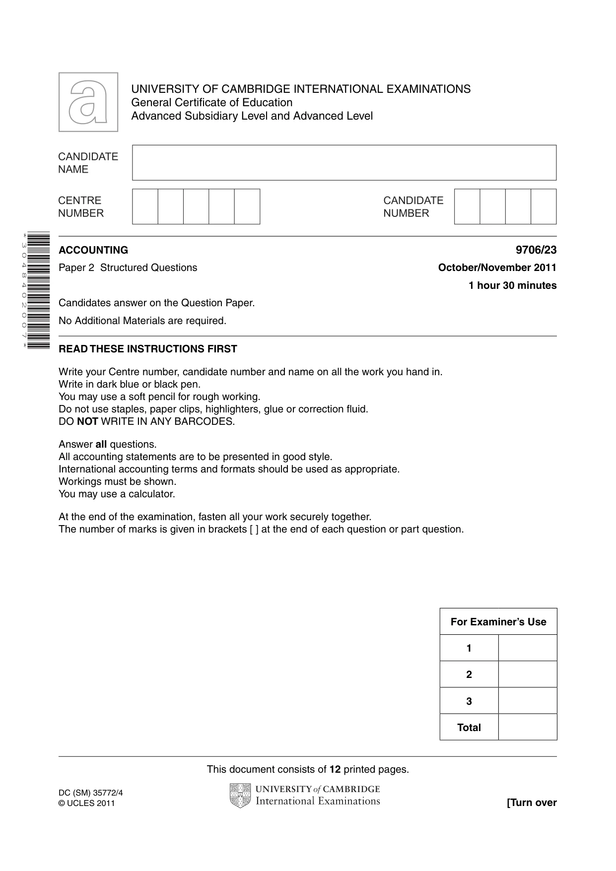 Cambridge A Level Accounting 9706 2011 Oct/Nov Paper 2 · Variant 3 question paper, page 1 of 12