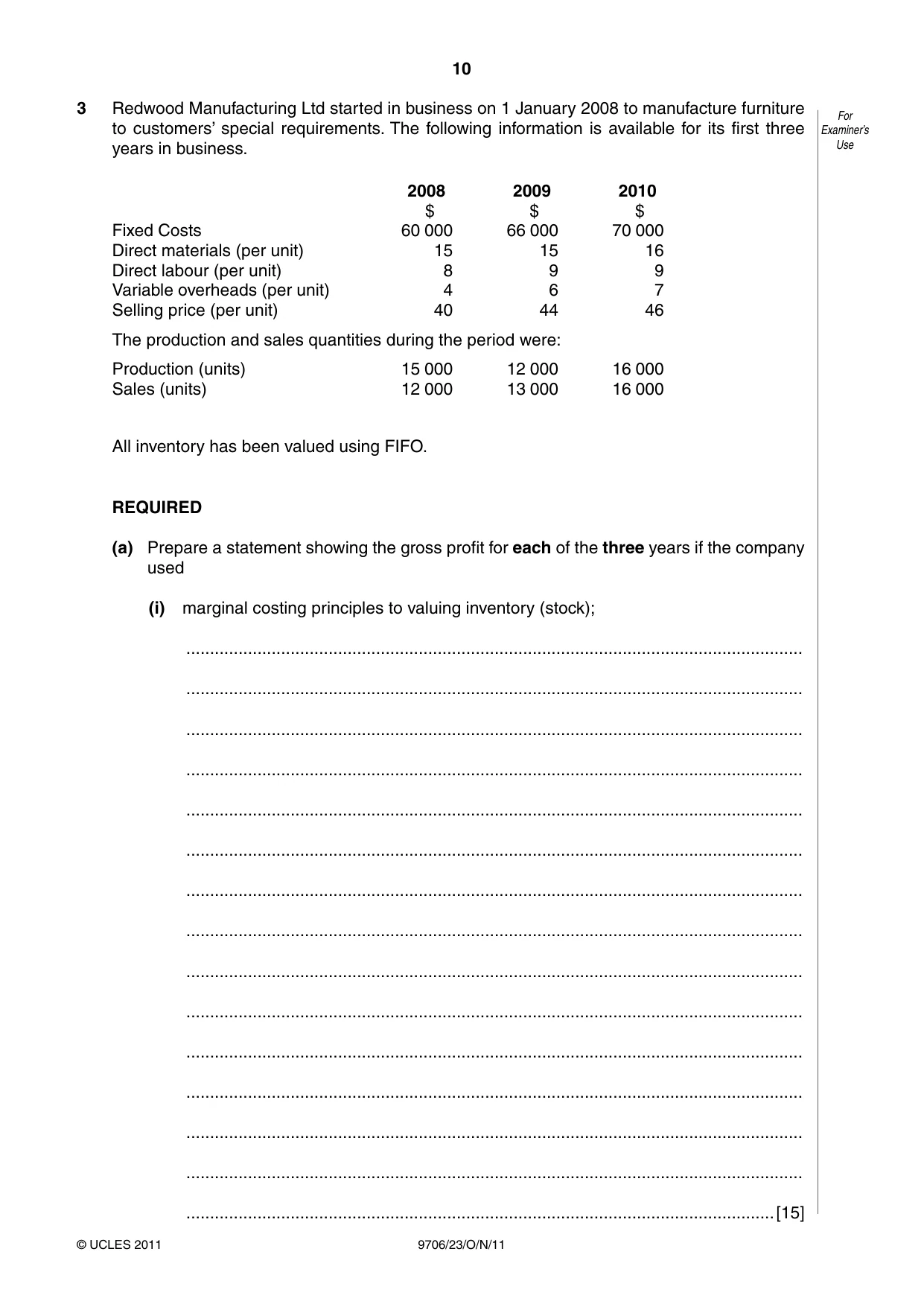 Cambridge A Level Accounting 9706 2011 Oct/Nov Paper 2 · Variant 3 question paper, page 10 of 12
