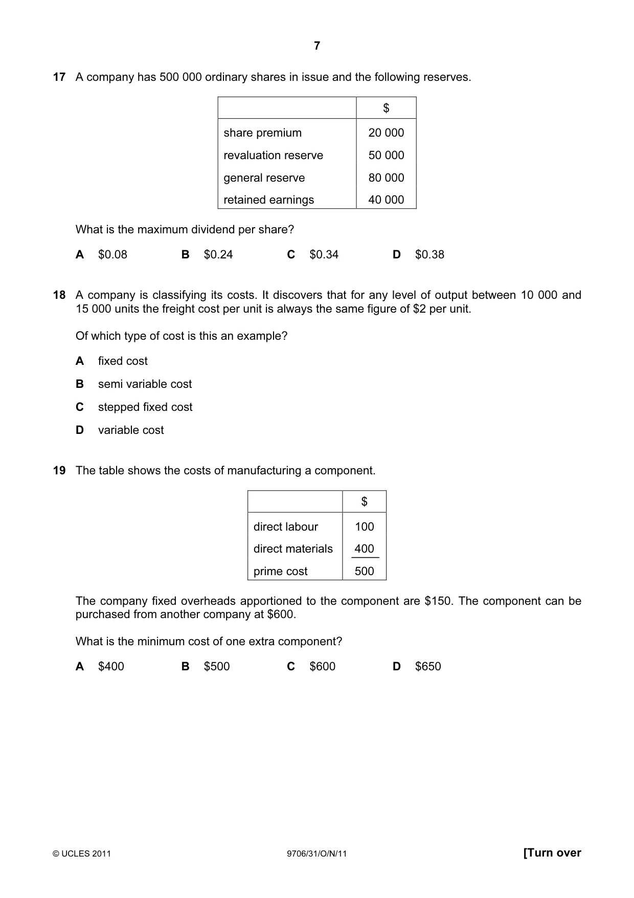 Cambridge A Level Accounting 9706 2011 Oct/Nov Paper 3 · Variant 1 question paper, page 7 of 12