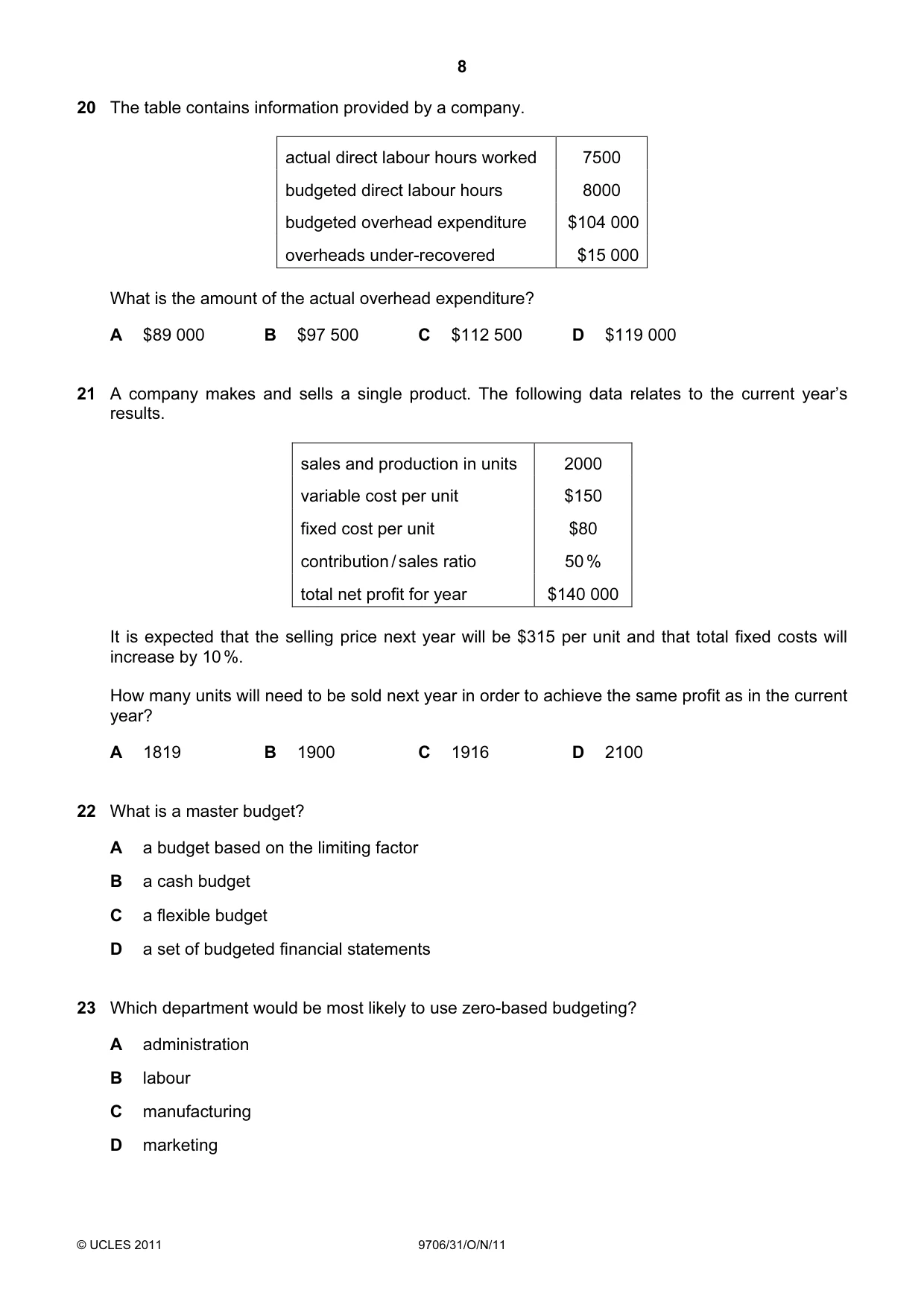 Cambridge A Level Accounting 9706 2011 Oct/Nov Paper 3 · Variant 1 question paper, page 8 of 12